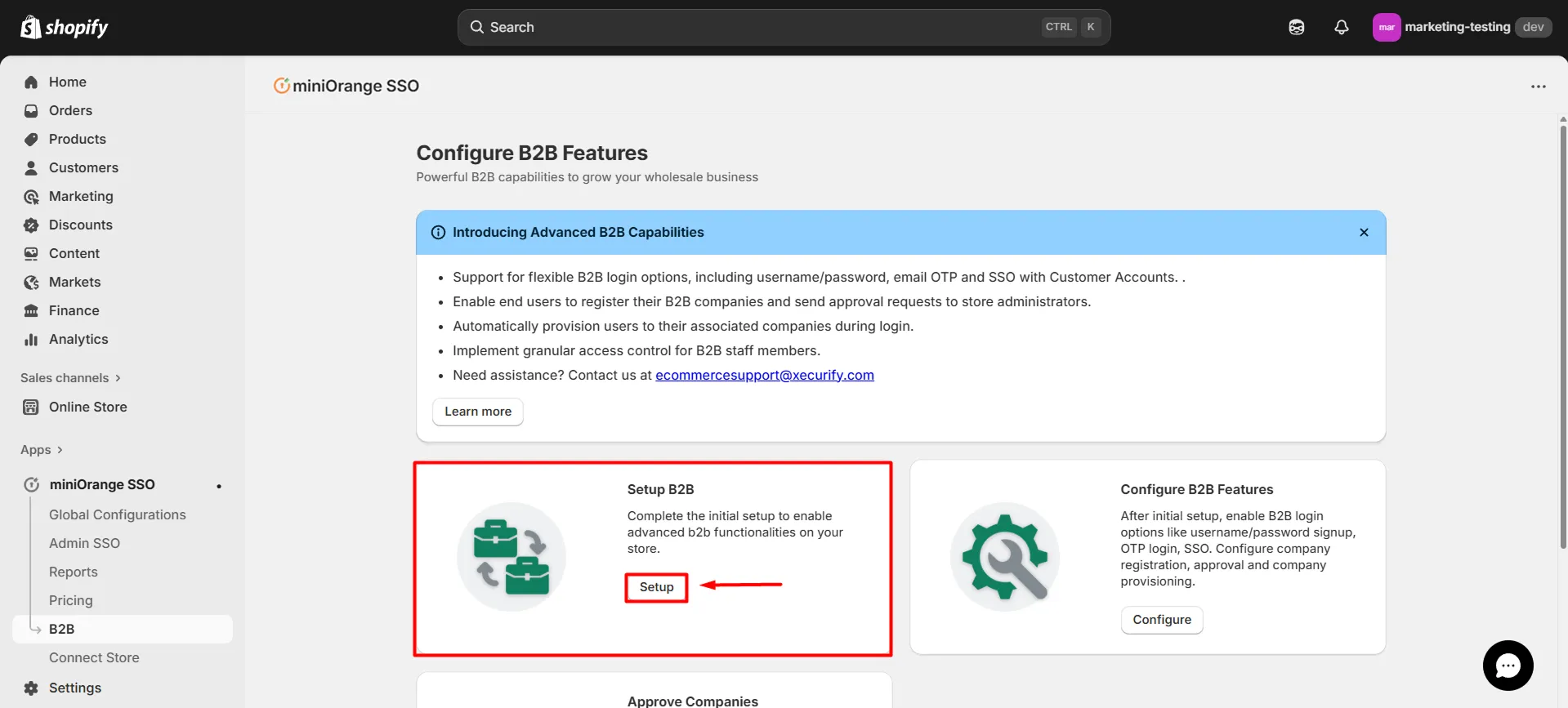 Shopify B2B in Single Sign-On (SSO) - select Setup B2B