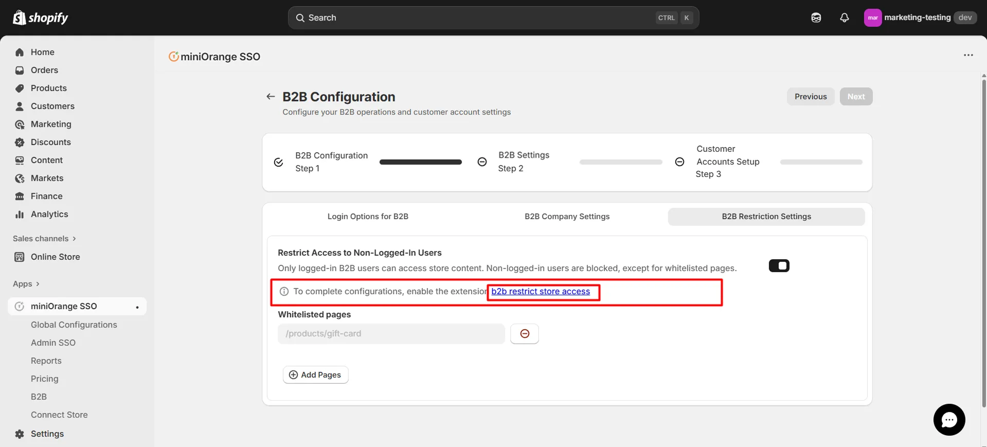 Shopify B2B in Single Sign-On (SSO) - Enable B2B Restrict Store Access Extension