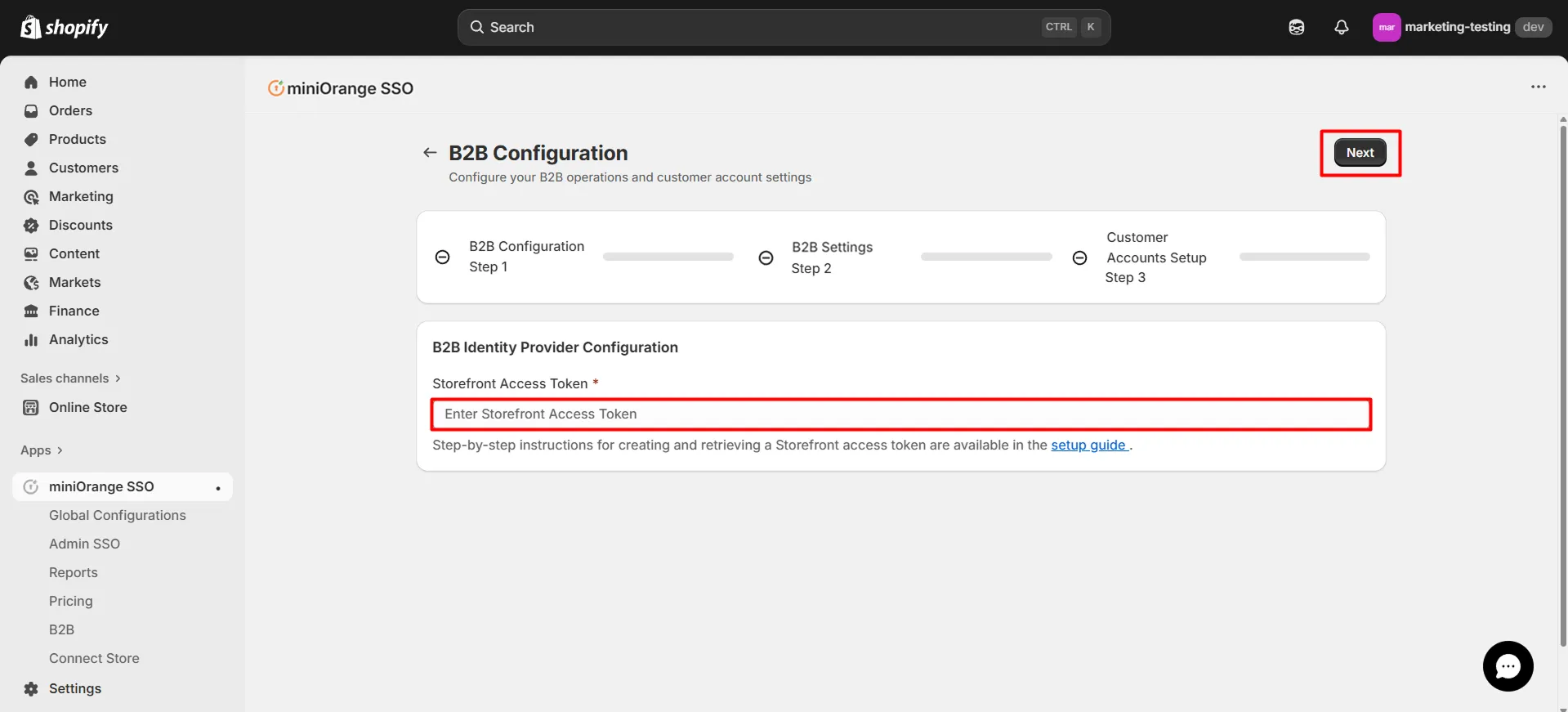 Shopify B2B in Single Sign-On (SSO) - Paste Storefront Access Token
