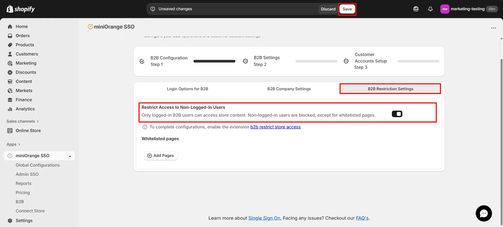 Shopify B2B in Single Sign-On (SSO) - Activate the Restrict Access to Non-Logged-In Users Option
