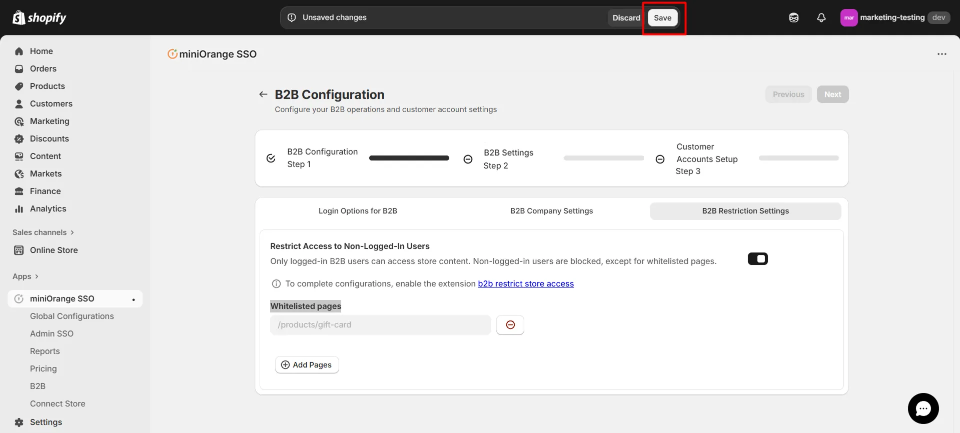 Shopify B2B in Single Sign-On (SSO) - Save Settings