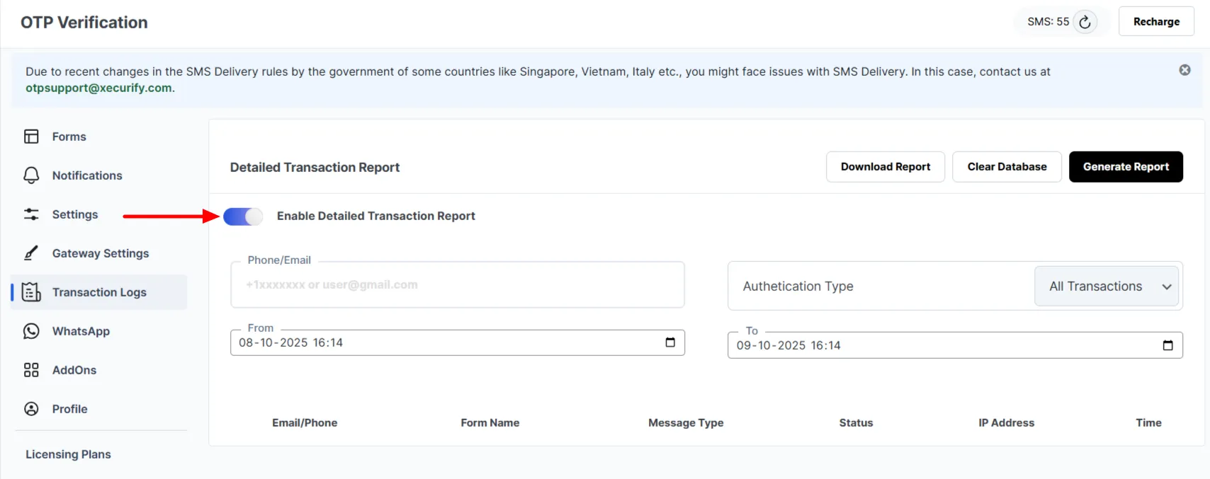 OTP Verification Transaction Report -Enable toggle 