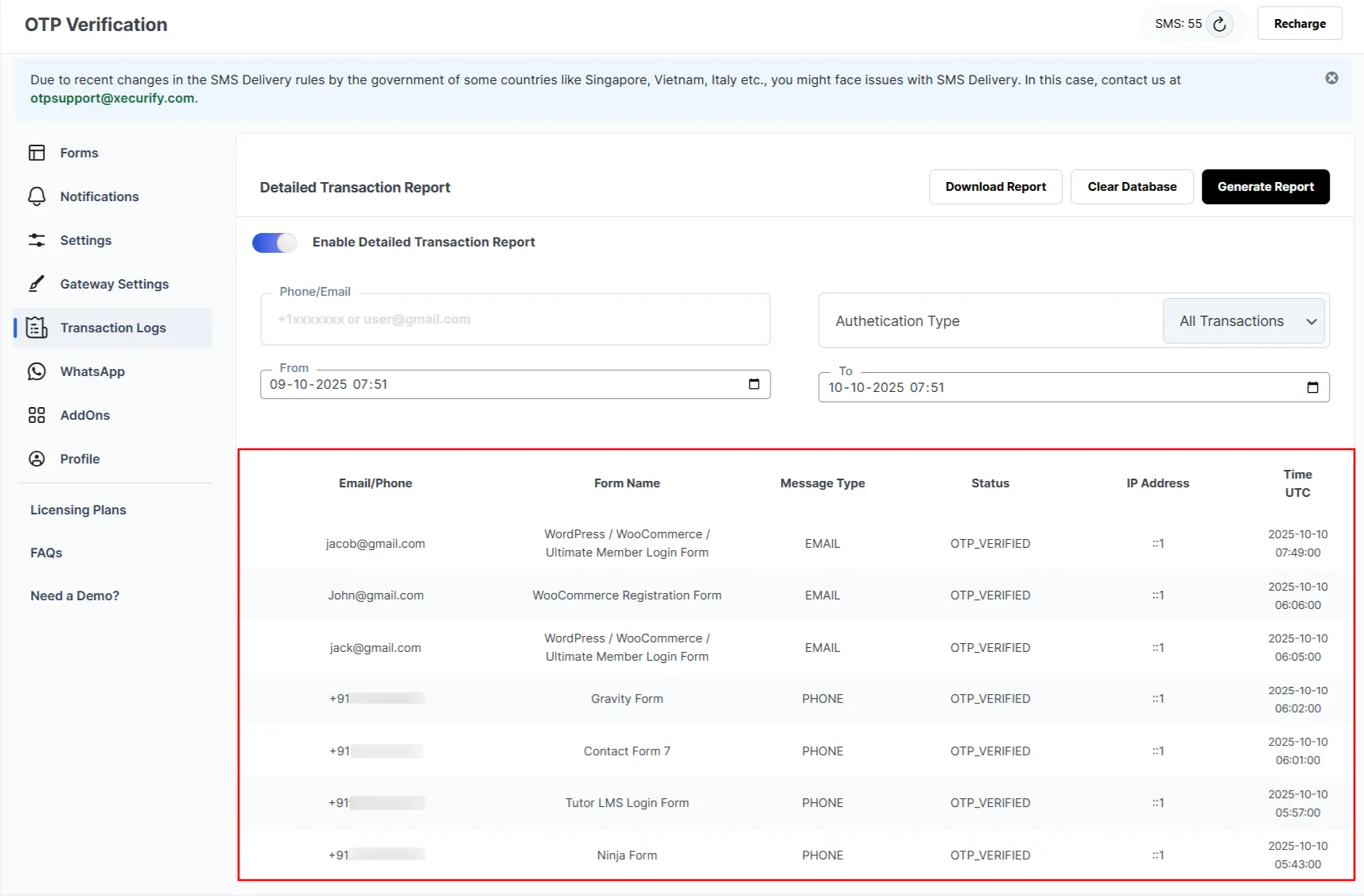 OTP Verification Transaction Report - 
