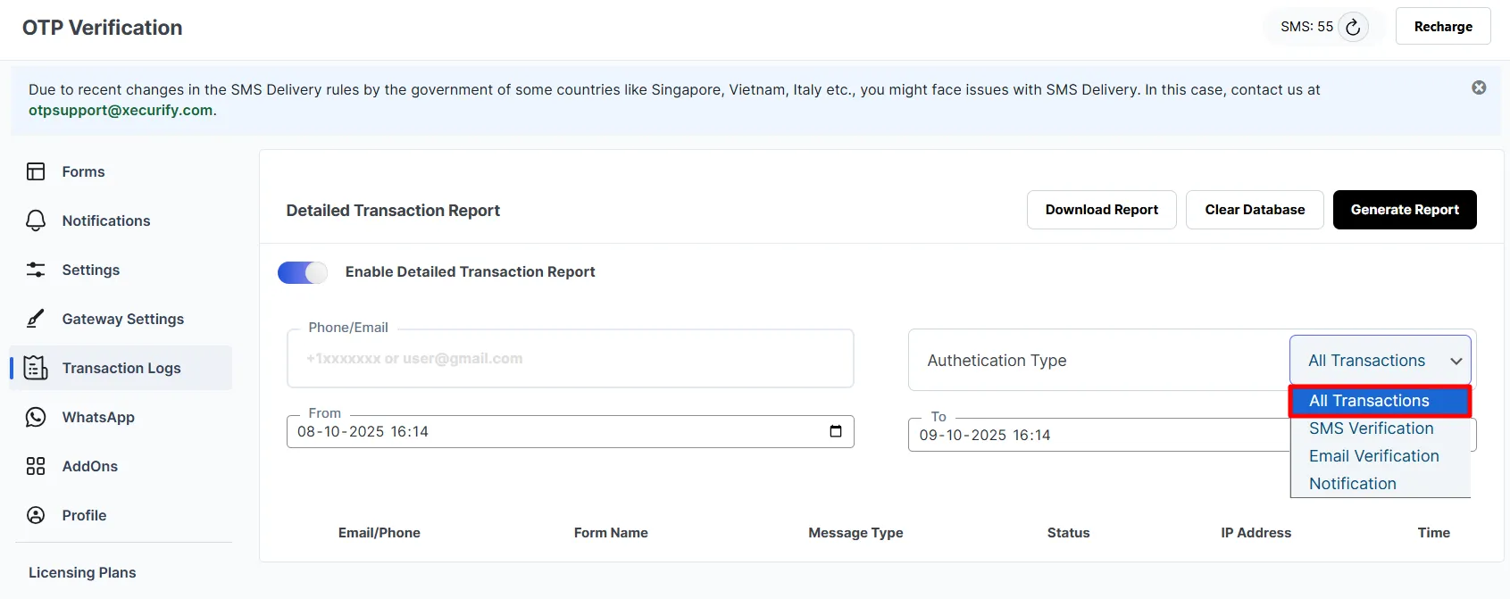 OTP Verification Transaction Report - Authentication Types