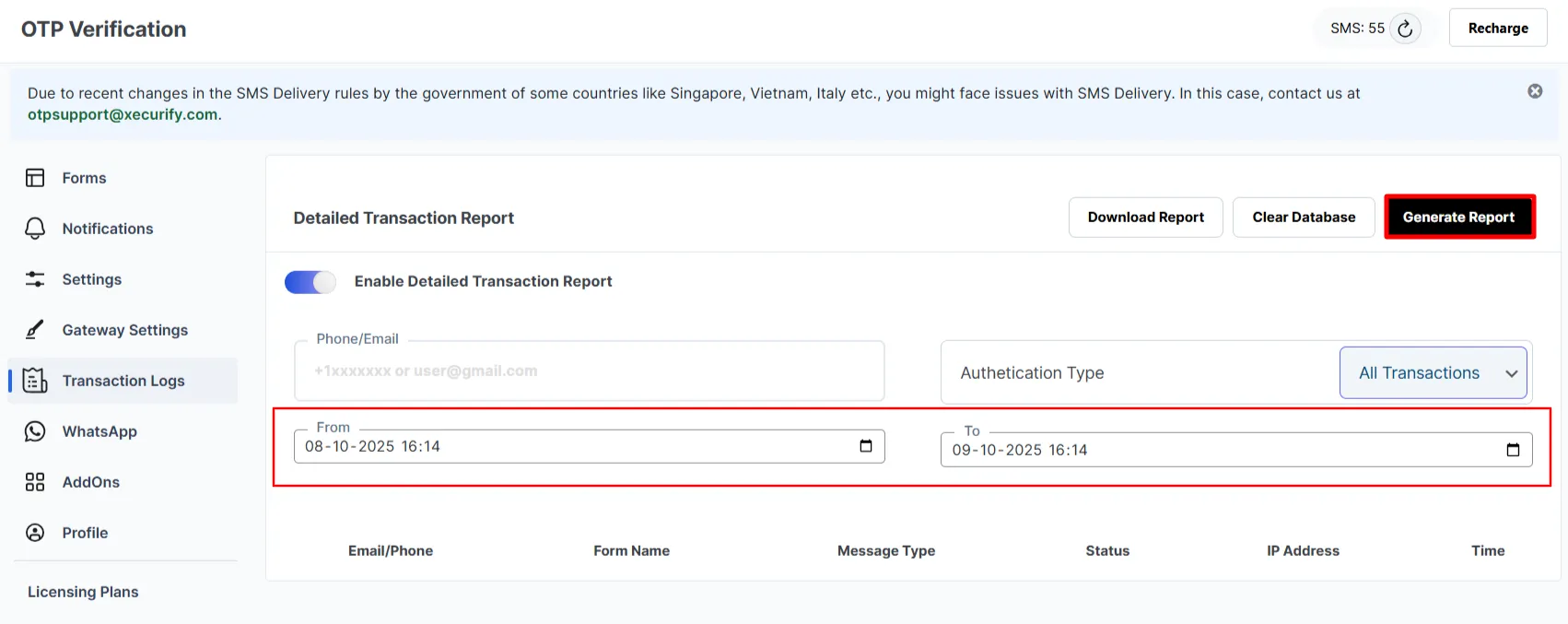 OTP Verification Transaction Report - click Generate Report