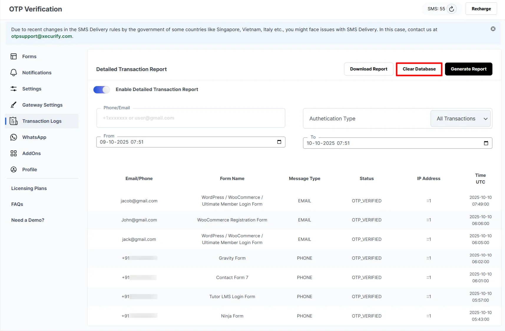 OTP Verification Transaction Logs - Clear Database