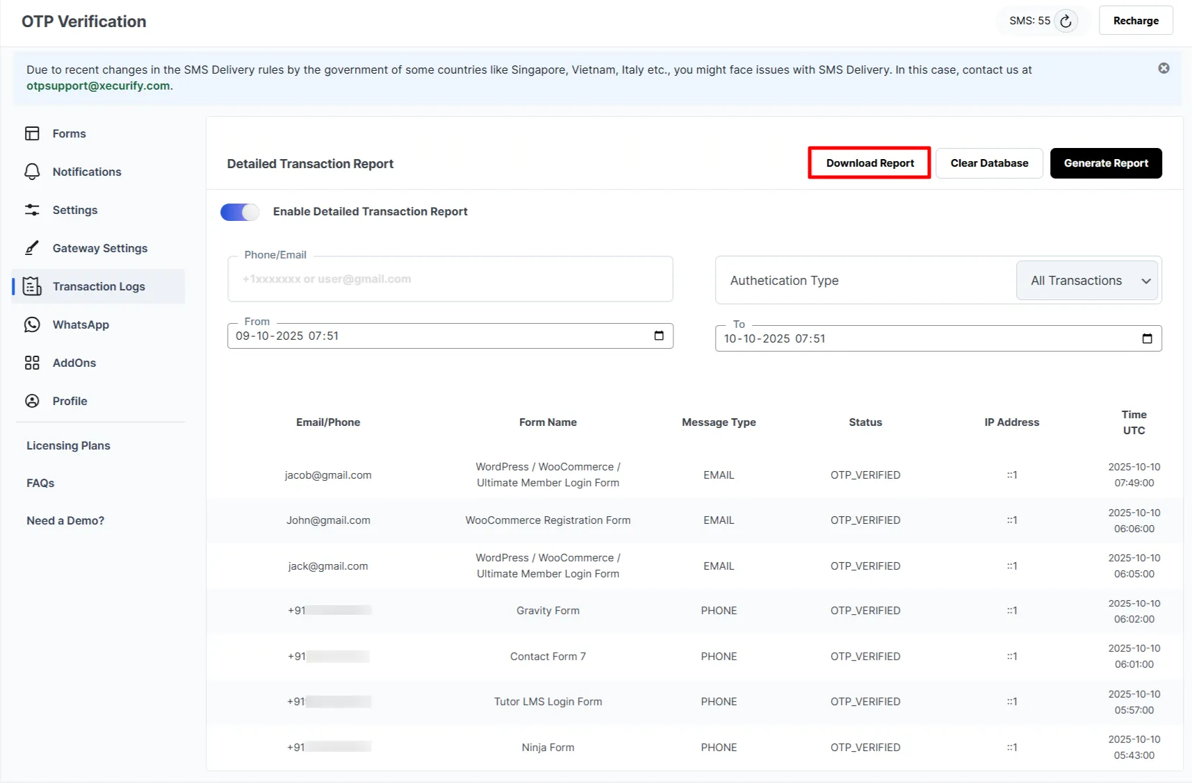 OTP Verification Transaction Logs - Download Report