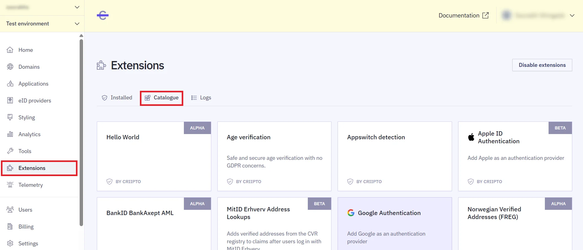 Criipto SSO login - BankId/Mitid login - go to Extensions tab