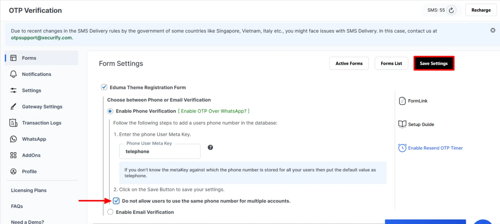 Eduma Theme Registration Form - click save settings