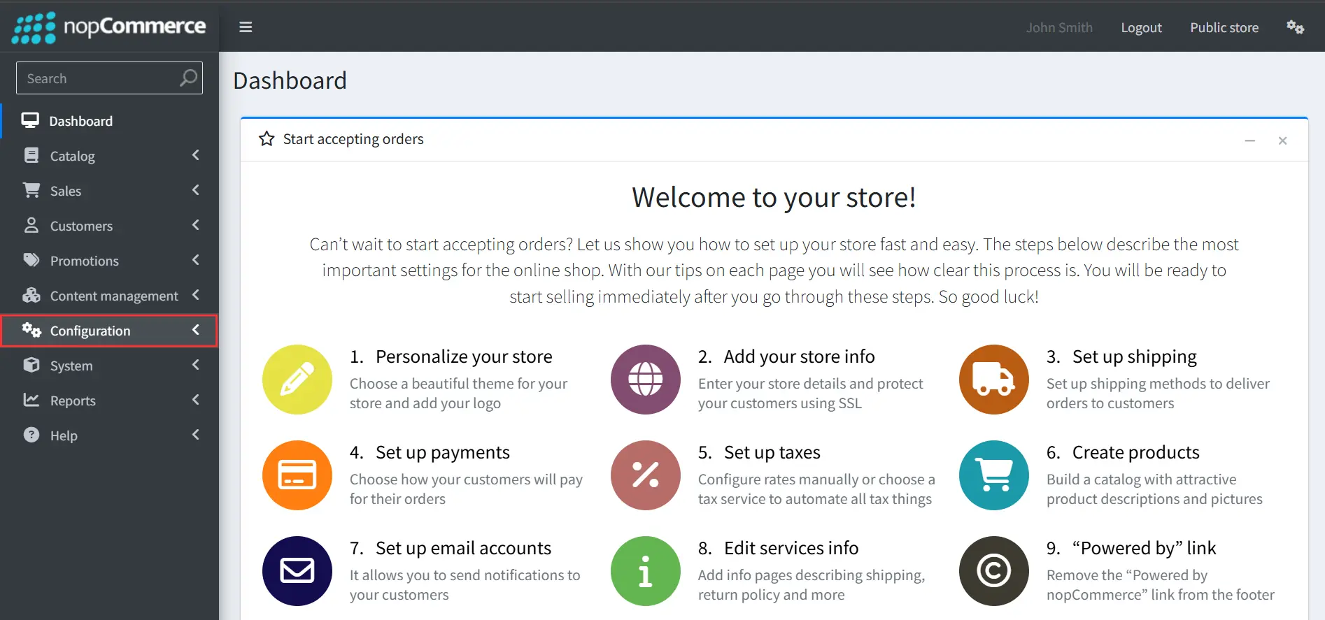nopCommerce admin dashboard