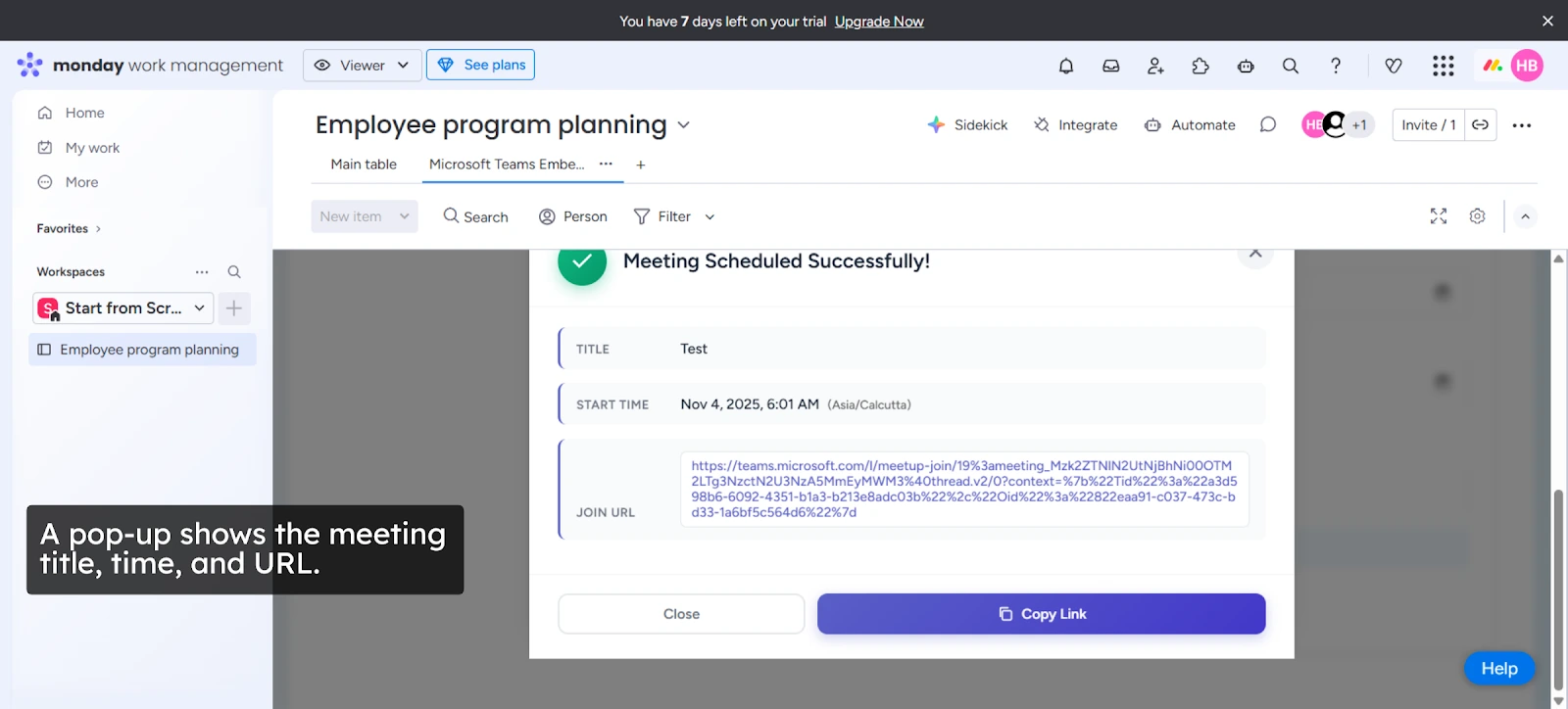 miniOrange monday pop up meeting title