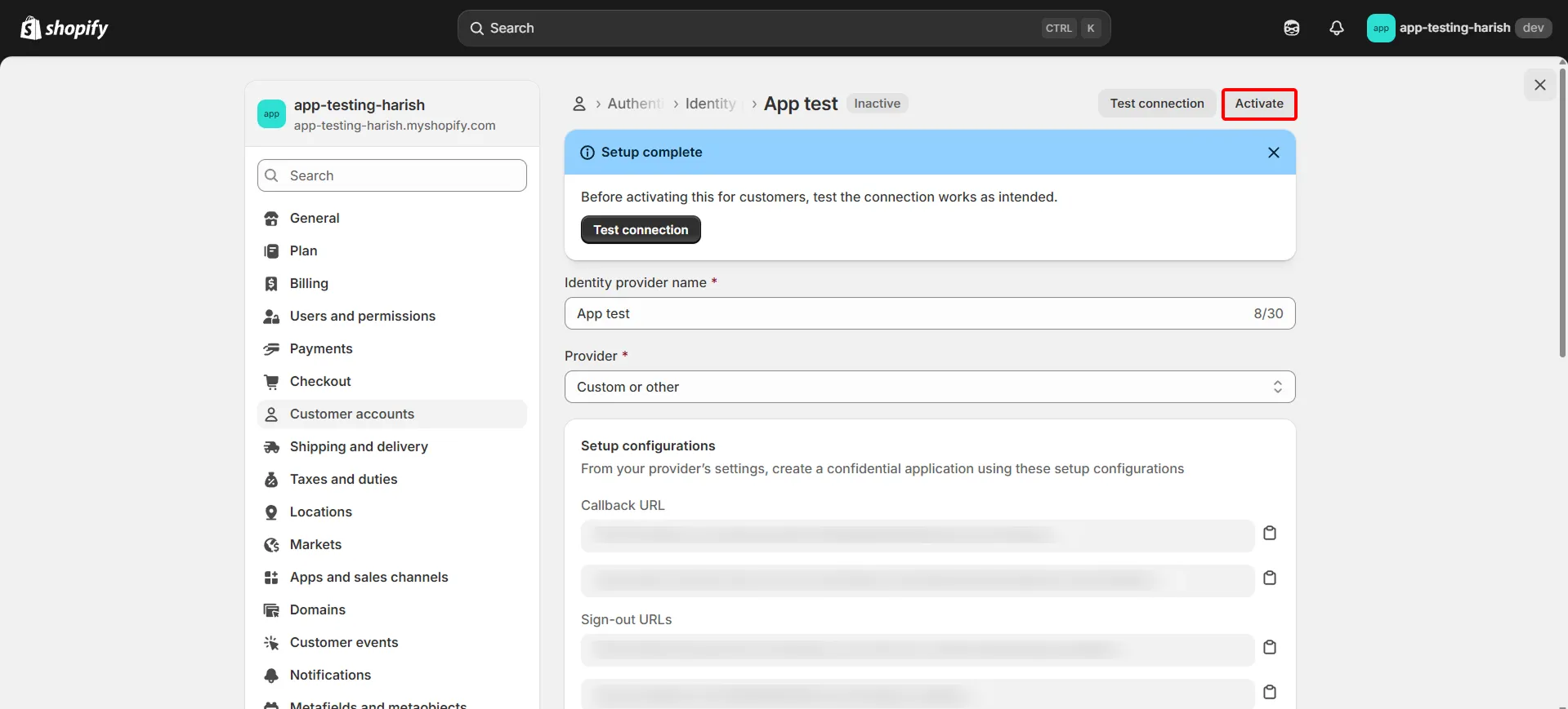 Shopify B2B in Single Sign-On (SSO) - Click on Activate