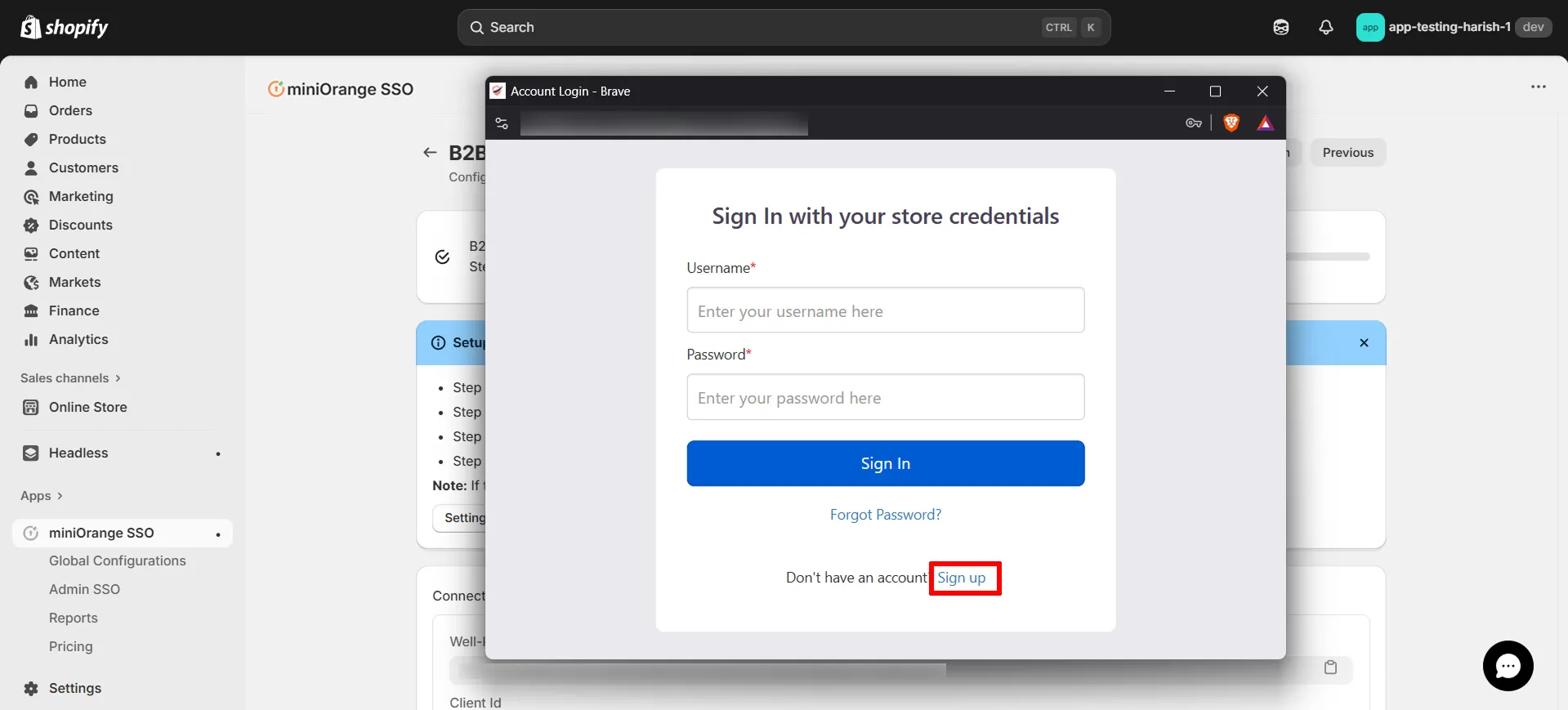 Shopify B2B in Single Sign-On (SSO) - Click on the Sign Up link