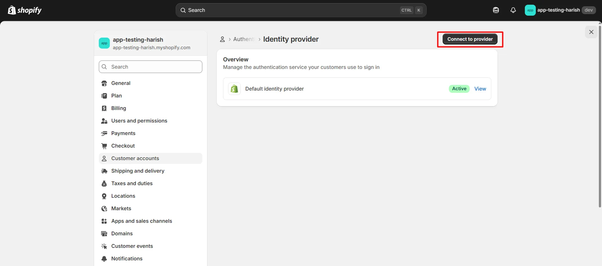 Shopify B2B in Single Sign-On (SSO) - Click on Connect Provider button