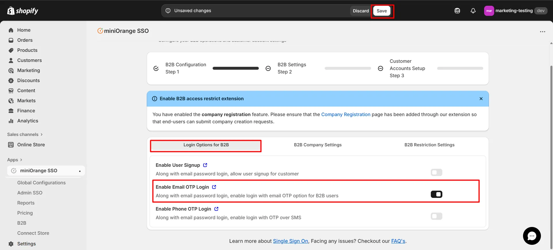 Shopify B2B in Single Sign-On (SSO) - Enable Passwordless OTP Login
