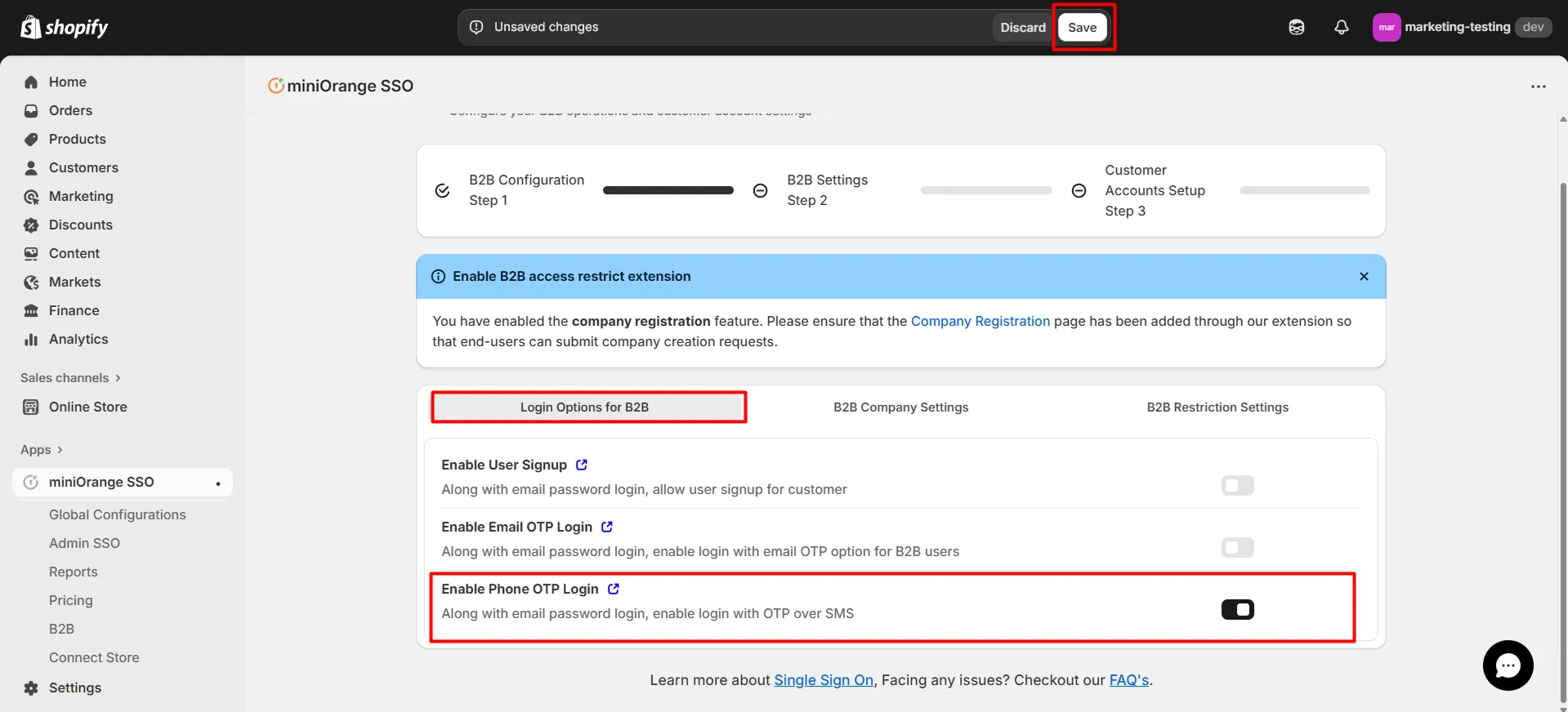 Shopify B2B in Single Sign-On (SSO) - Enable Phone OTP Login