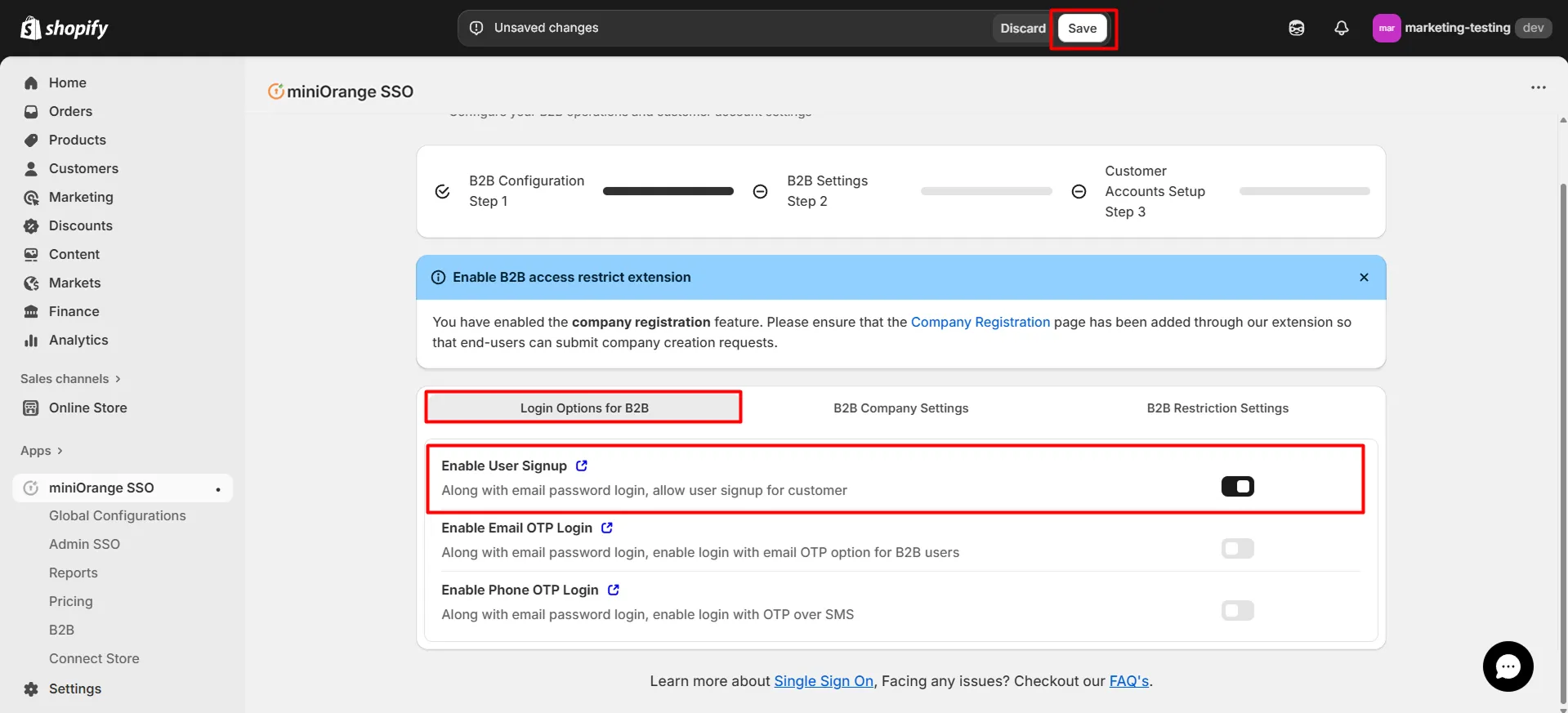 Shopify B2B in Single Sign-On (SSO) - Enable User Signup