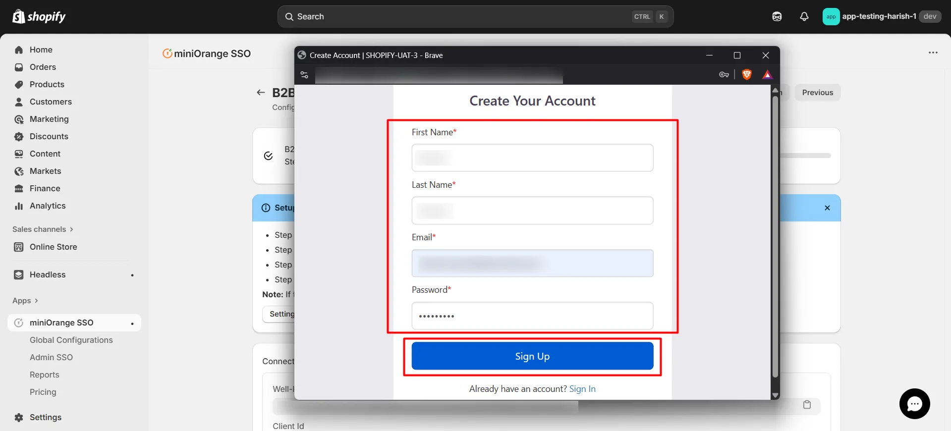 Shopify B2B in Single Sign-On (SSO) - Fill out the fields