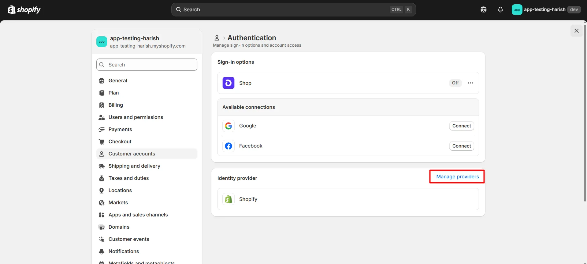 Shopify B2B in Single Sign-On (SSO) - click on Manage Providers