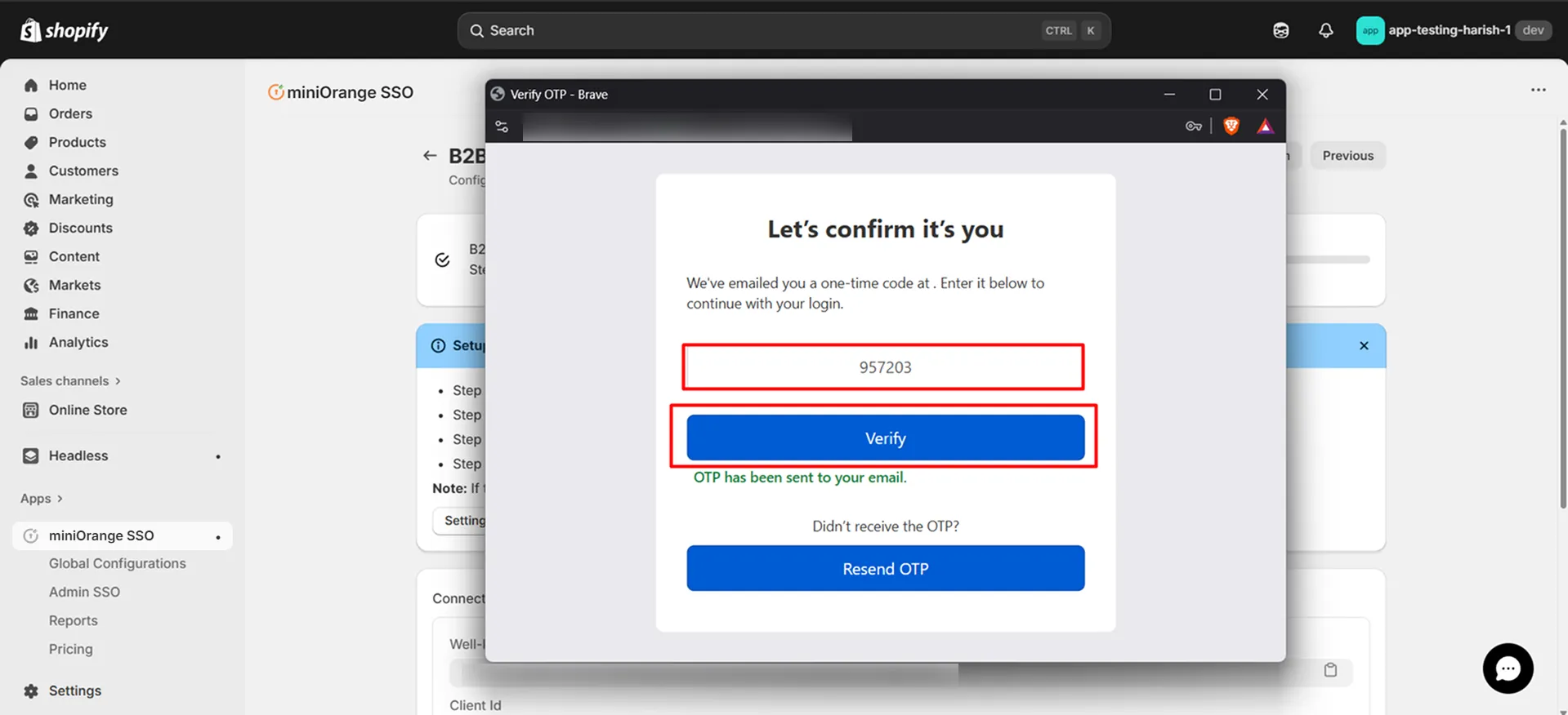 Shopify B2B in Single Sign-On (SSO) - Provide OTP received over email