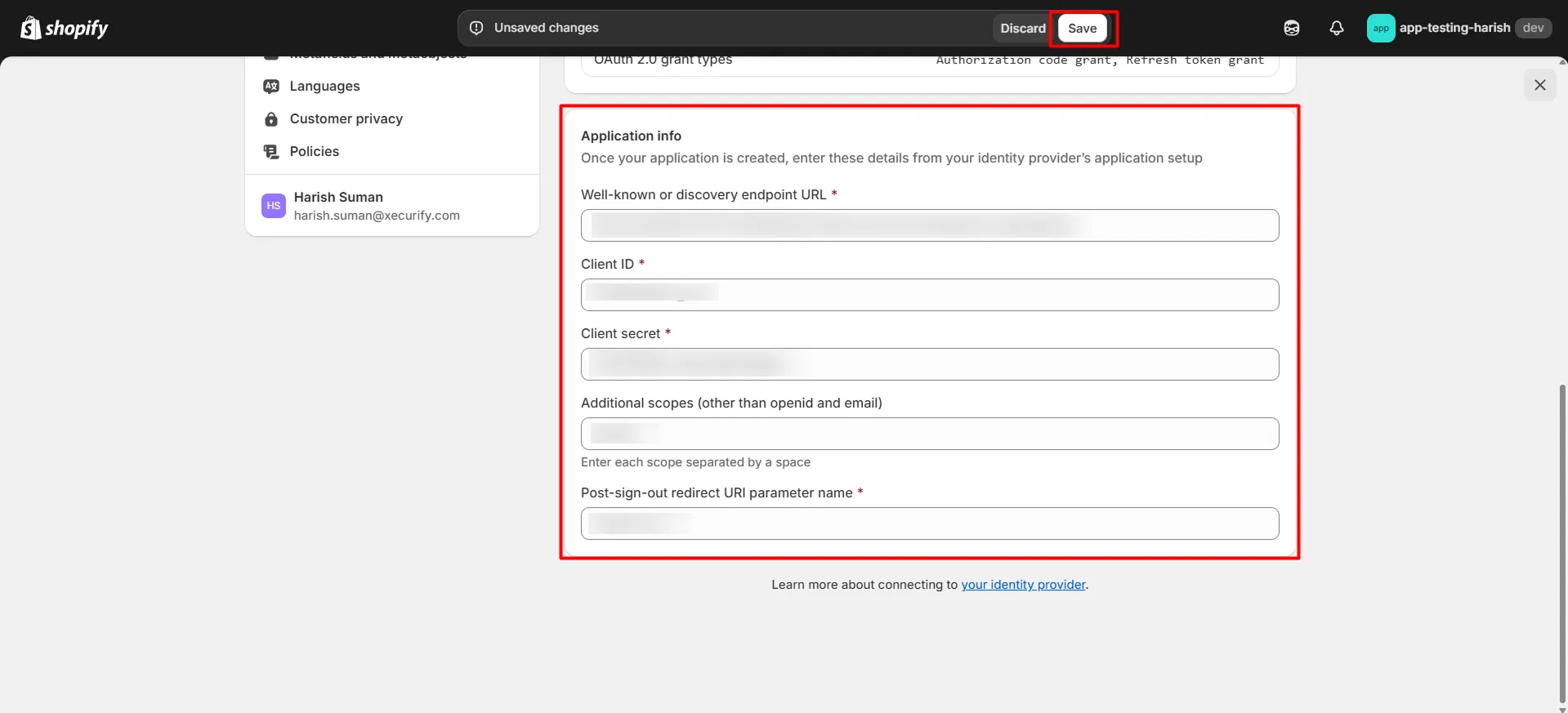 Shopify B2B in Single Sign-On (SSO) - Paste values in Application info and save