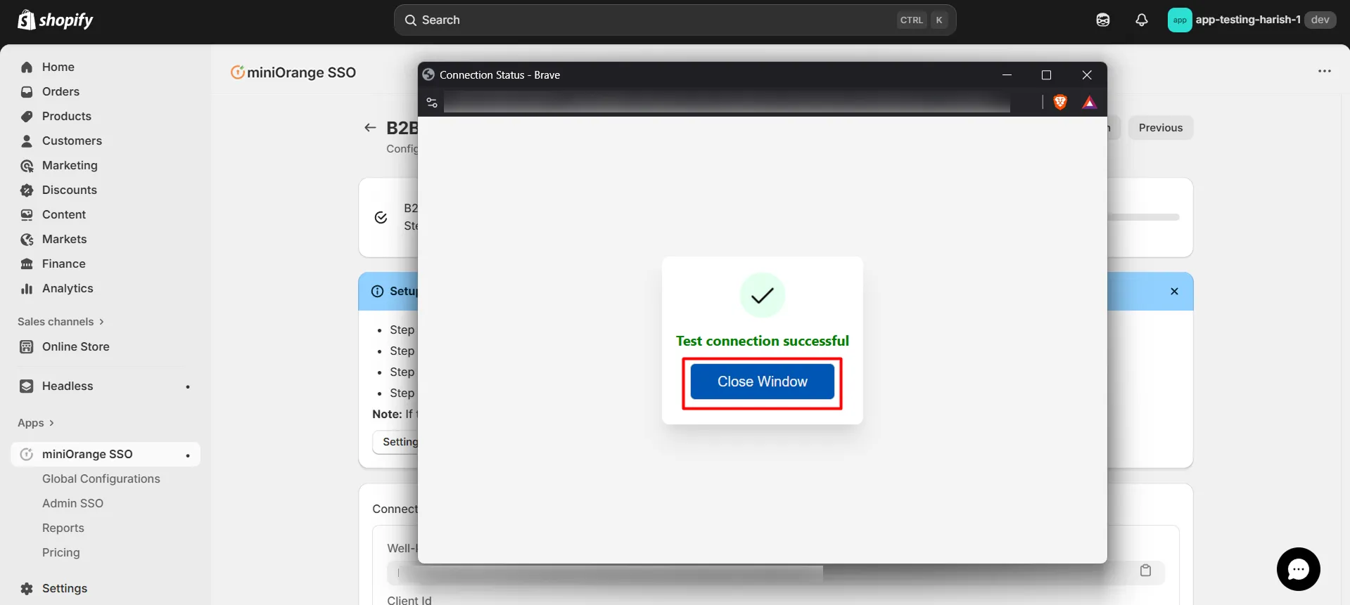 Shopify B2B in Single Sign-On (SSO) - Test Conenction Successful