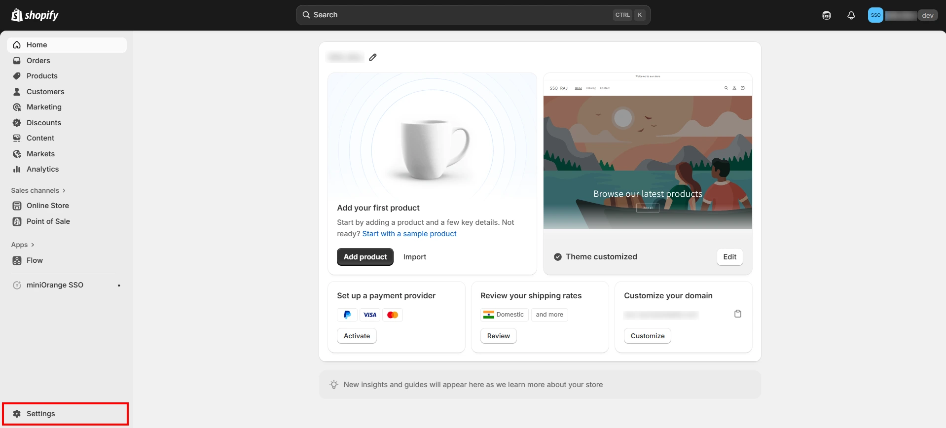 Shopify SSO Login - Navigate to Settings