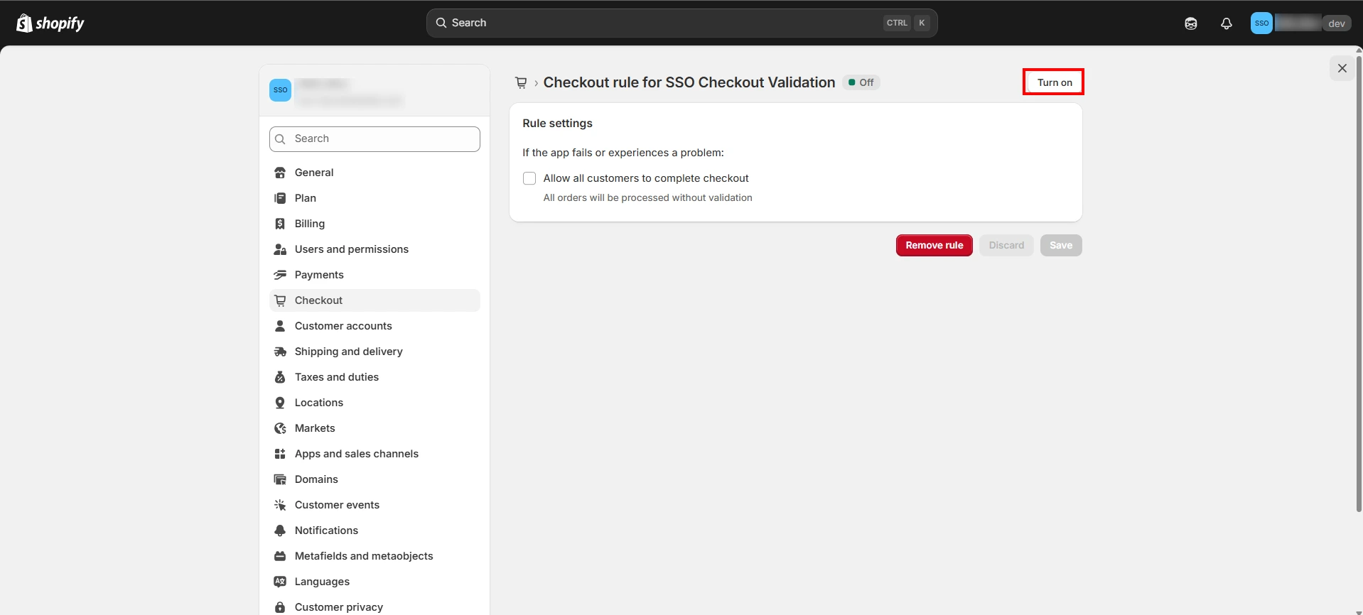 Shopify SSO Login - Turn On SSO Checkout Validation