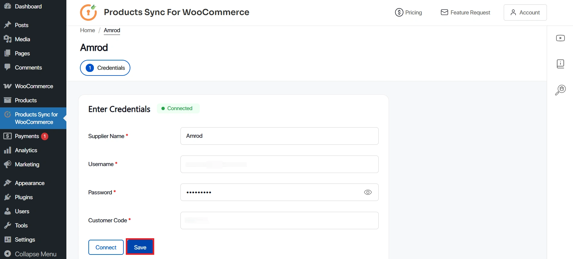 WooCommerce Product Sync - click connect and save