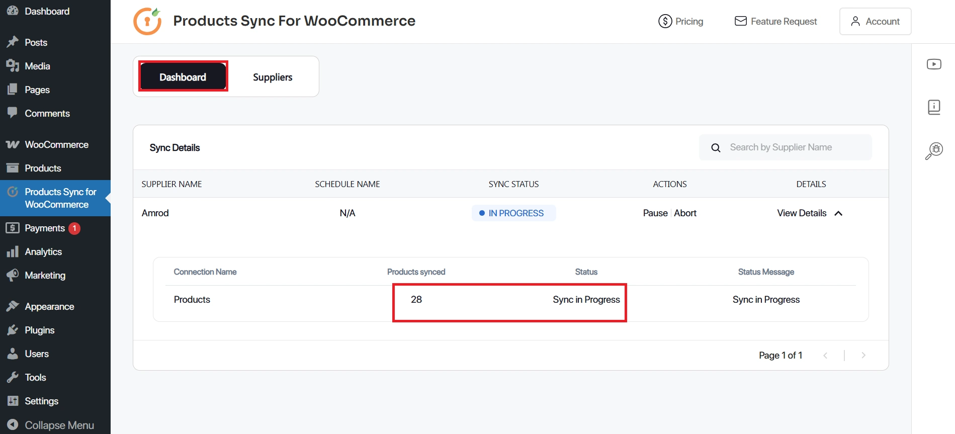 WooCommerce Product Sync - go to dashboard