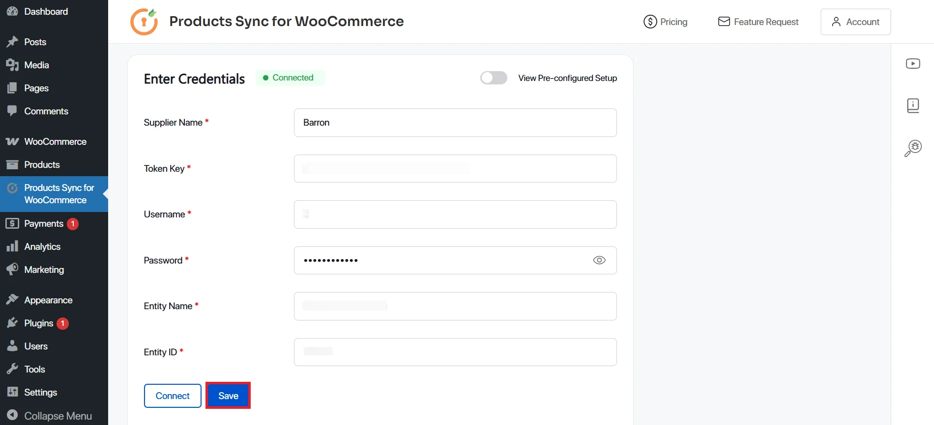 WooCommerce Barron Product Sync - select application