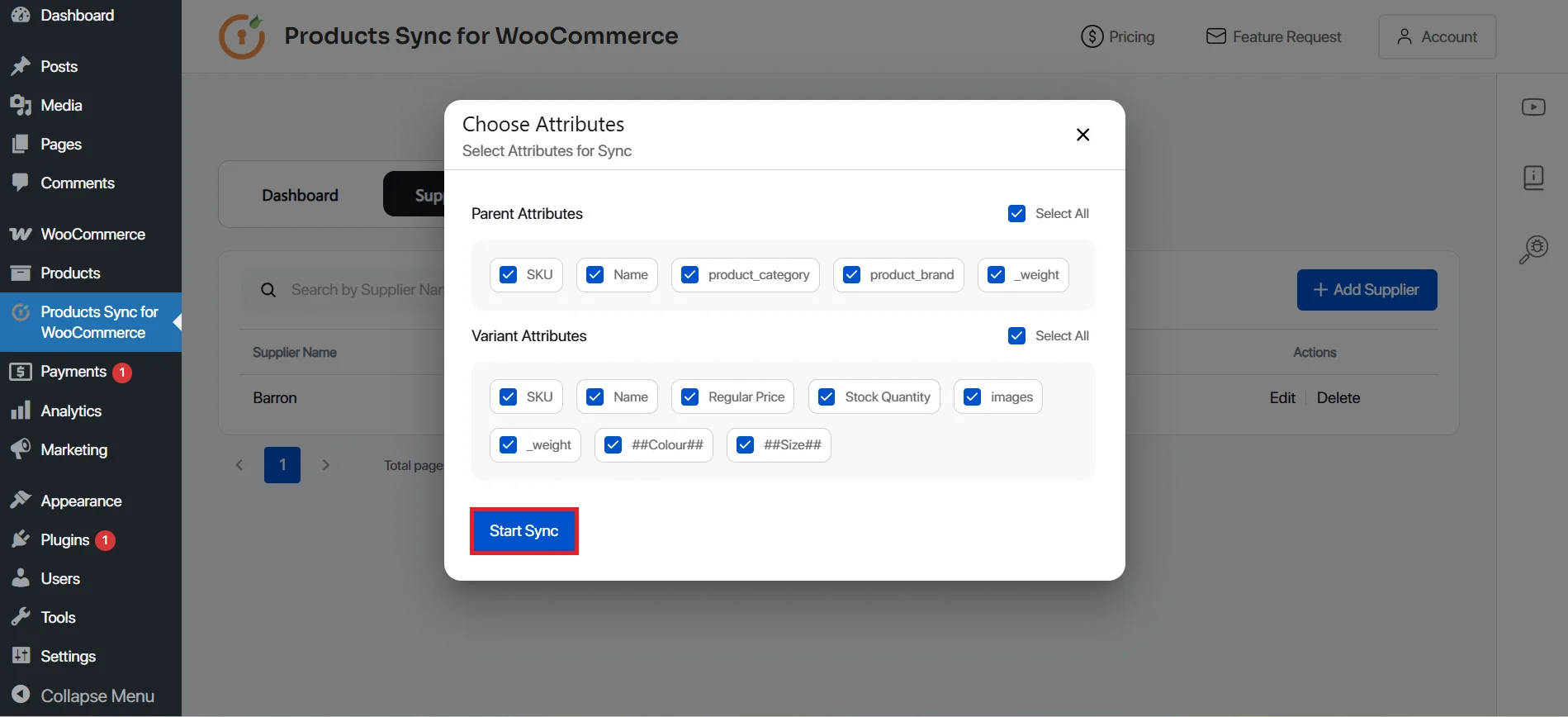 WooCommerce Barron Product Sync - save connection