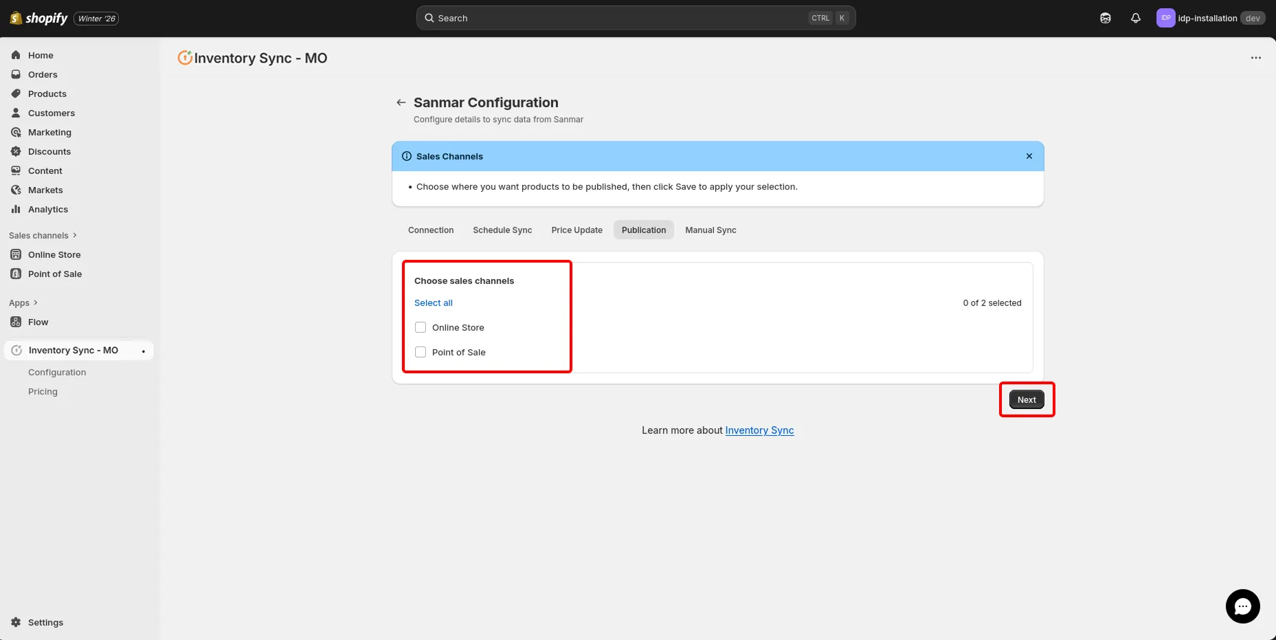 Shopify Sanmar Integration - Choose sales channel