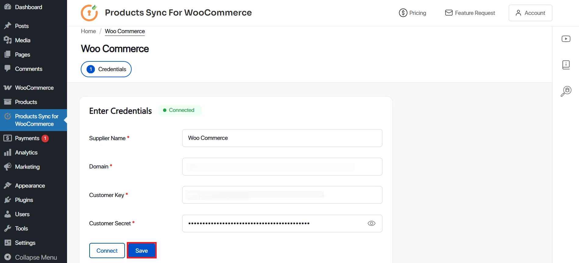WooCommerce Product Sync - click connect 