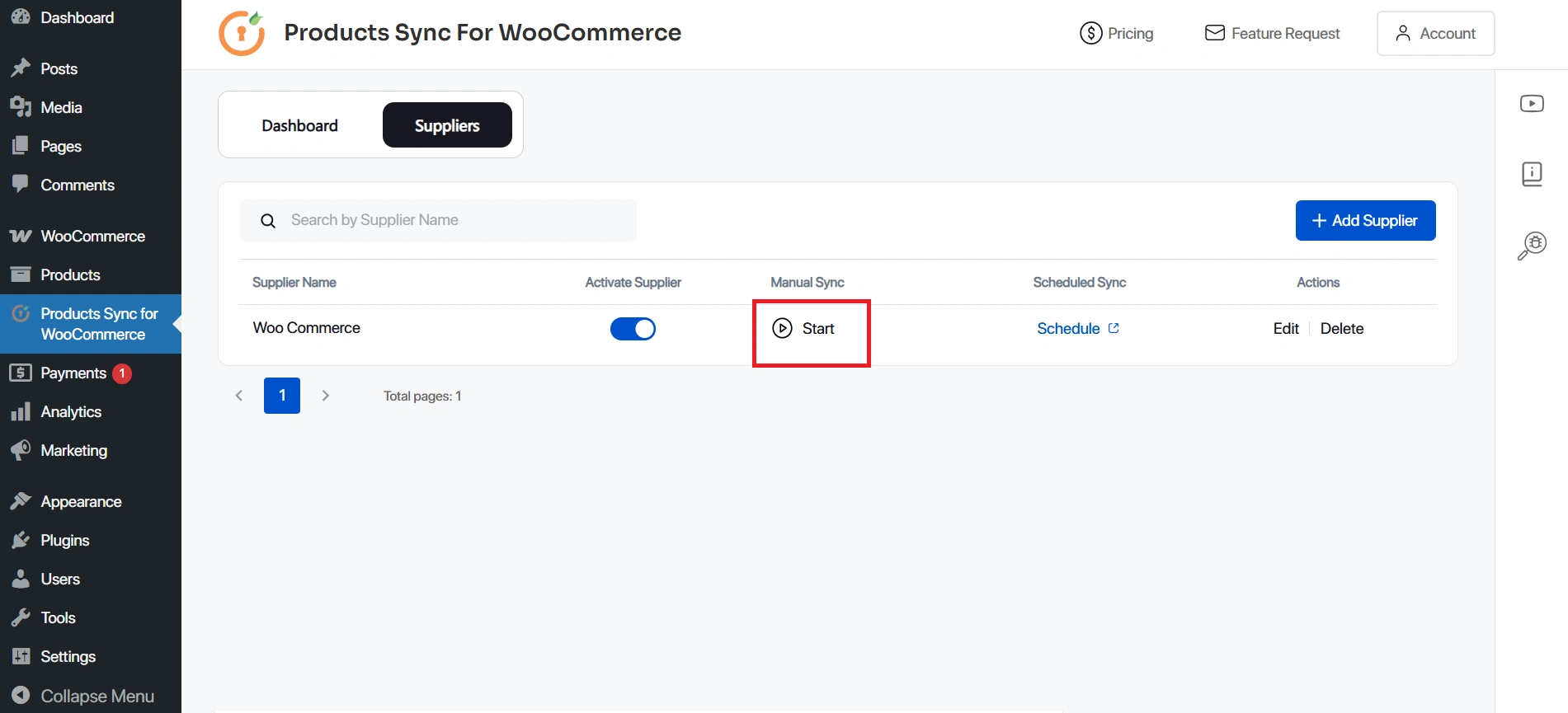 WooCommerce Product Sync - click on start