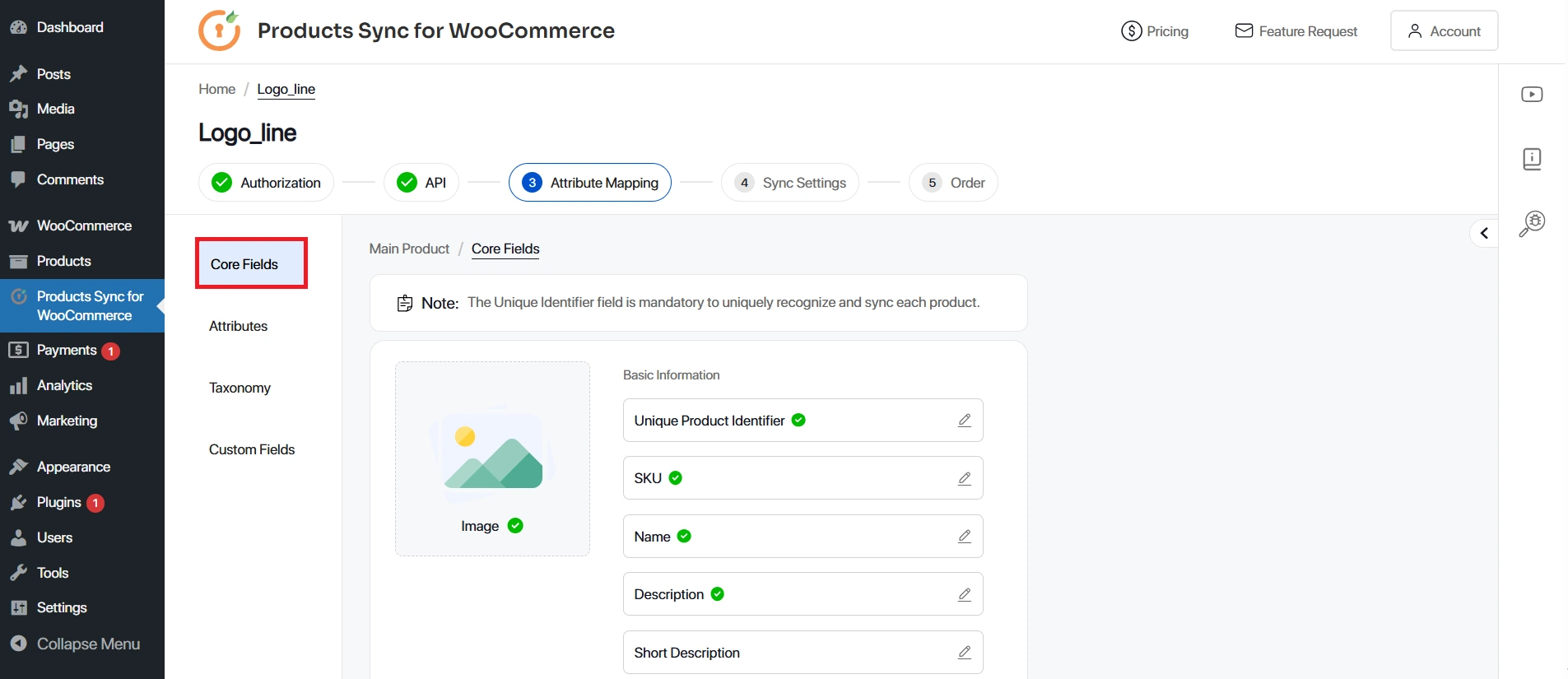 Core fields tab - map product attributes