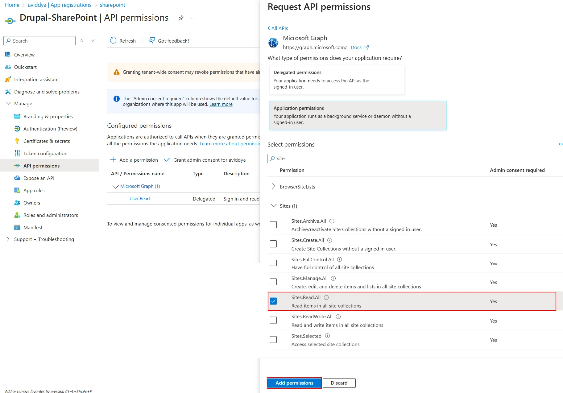 Drupal SharePoint Integration API Permissions