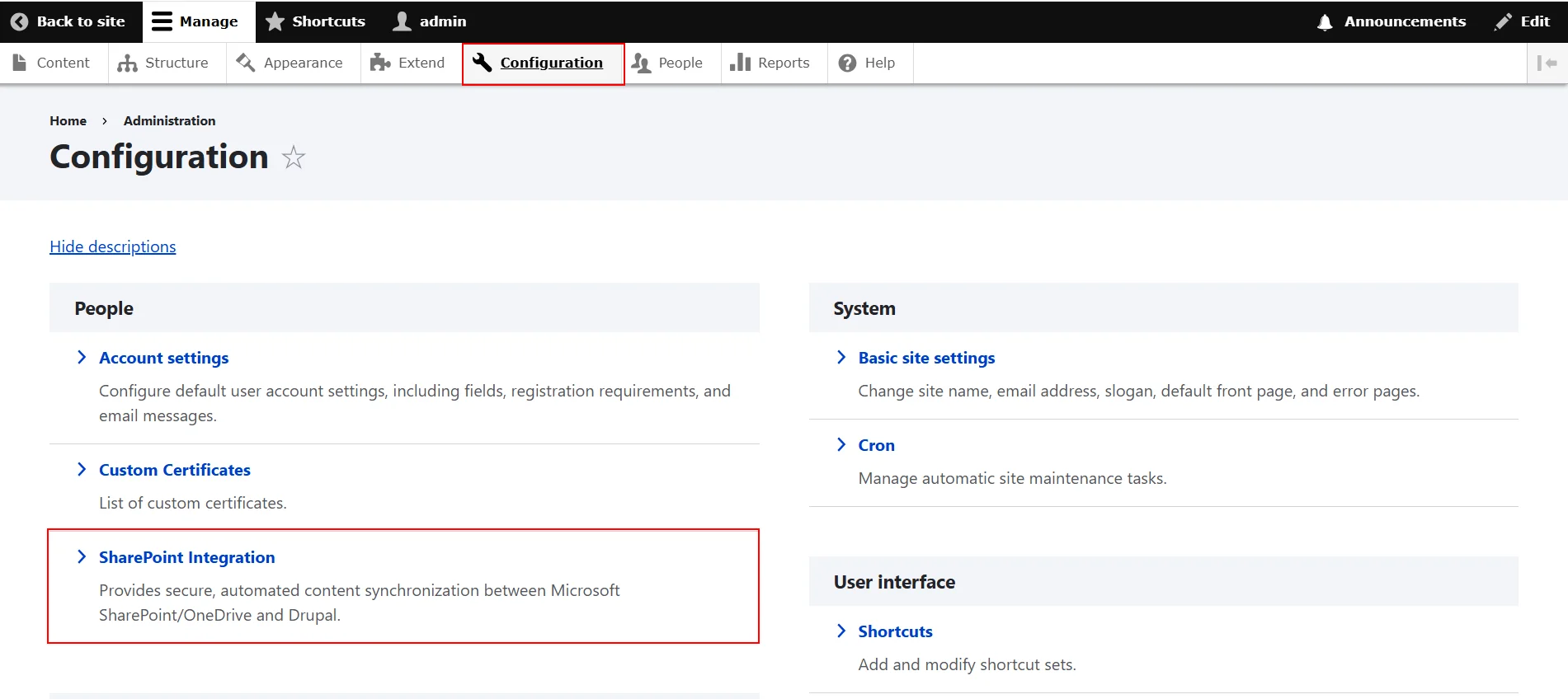 Drupal SharePoint Integration select modules