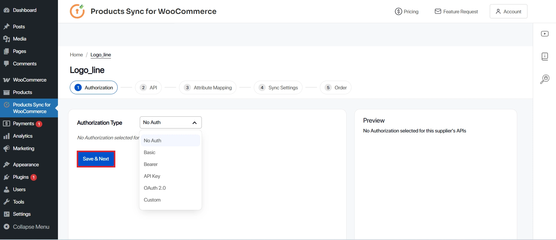 Authorization tab - choose authorization type and enter credentials