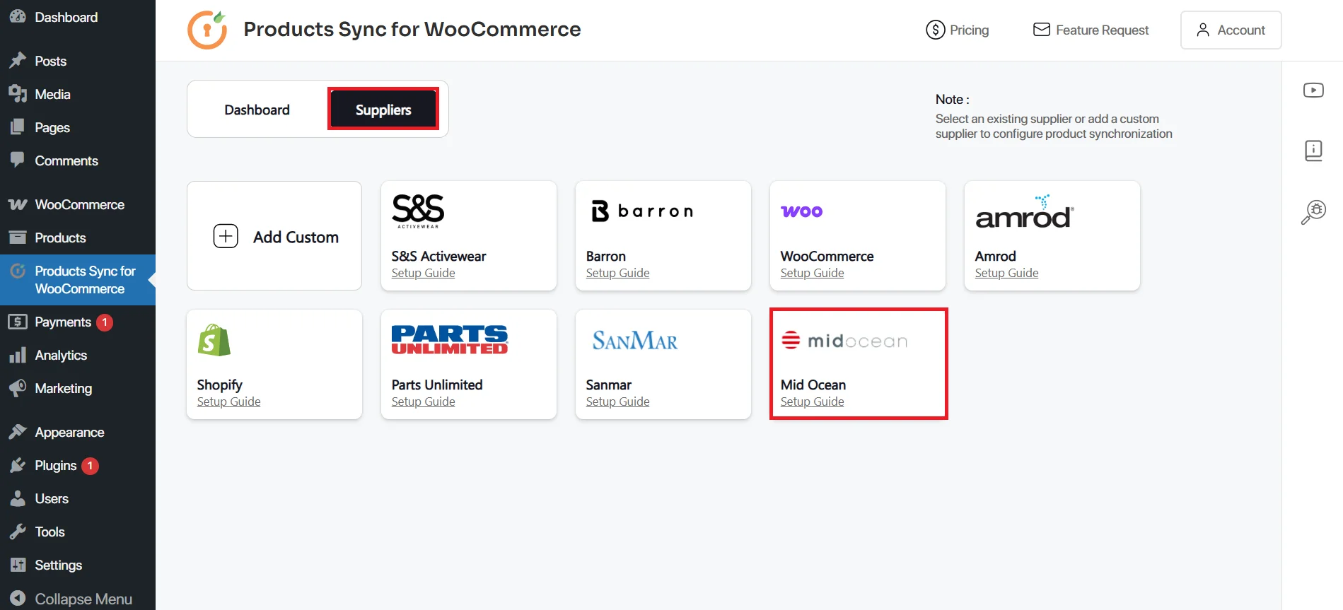 Go to External Supplier tab and click Add Connection button in midocean WooCommerce integration