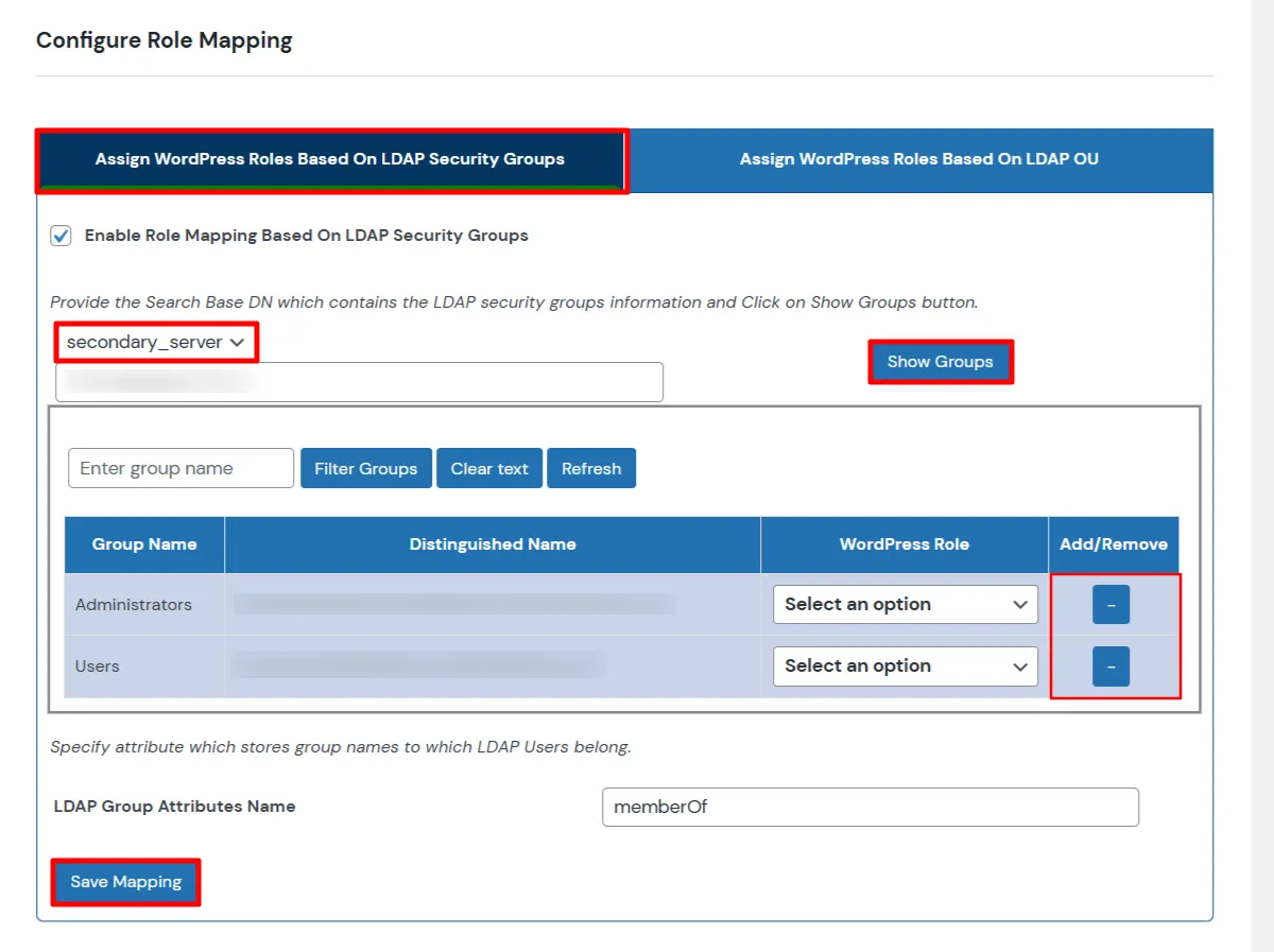 WordPress LDAP Plugin roles based on LDAP Security Groups configuration