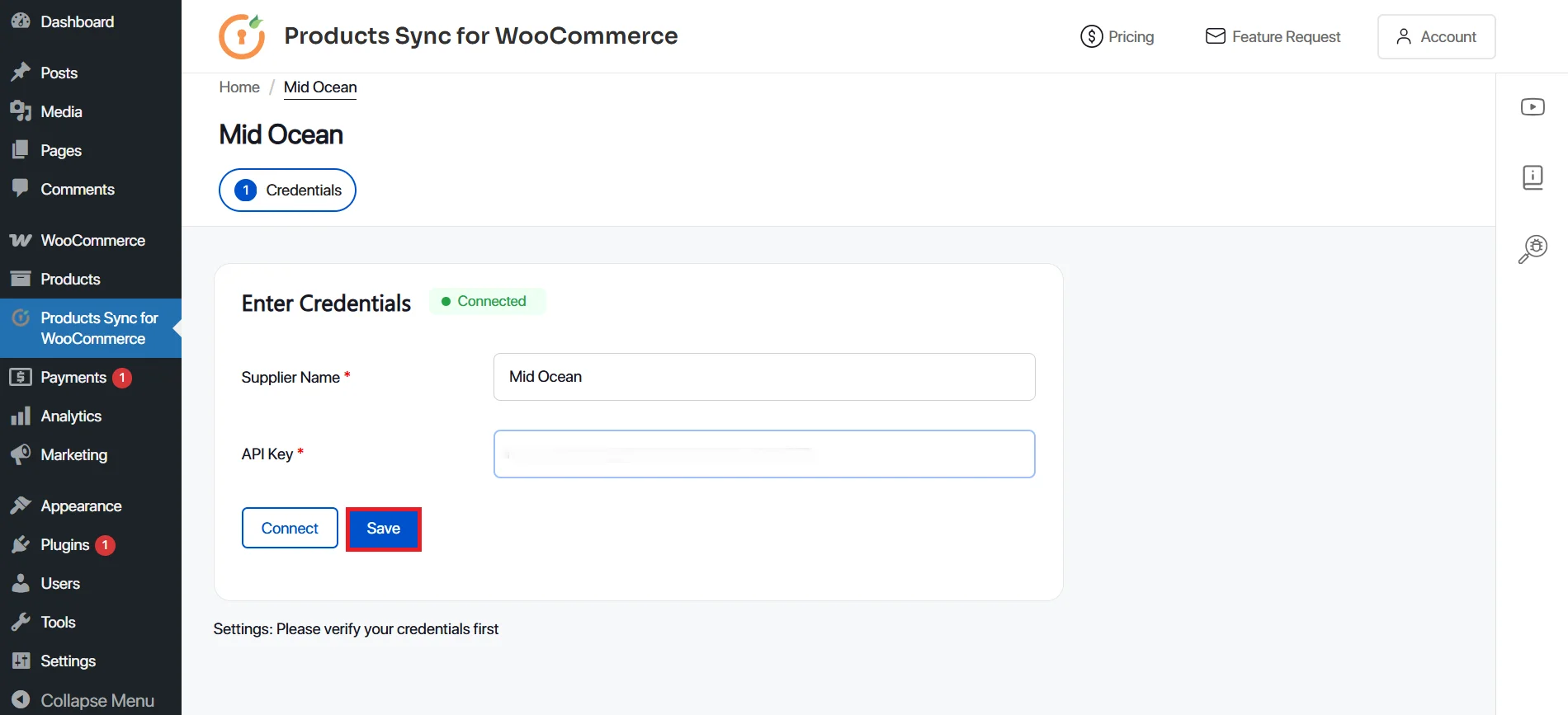 Select midocean application for product synchronization in WooCommerce