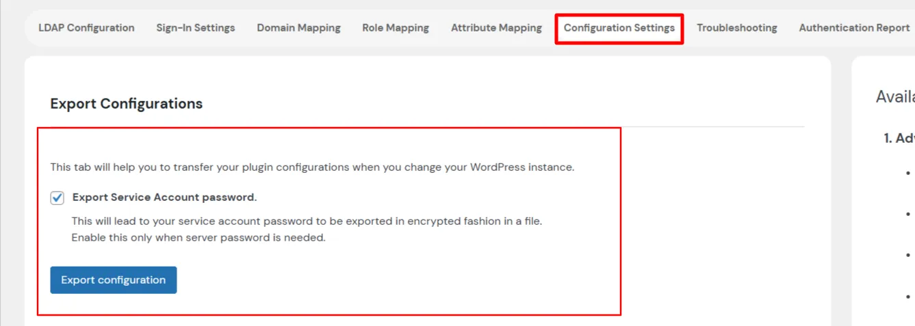 LDAP Integration export configuration