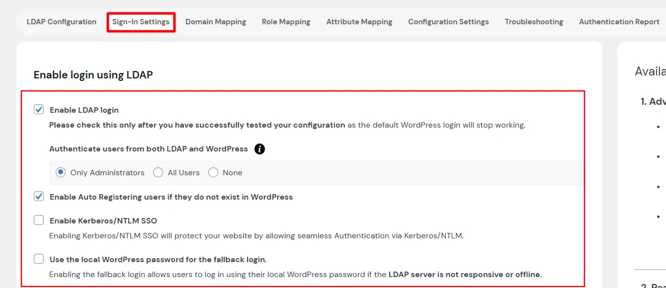LDAP Login sign in settings