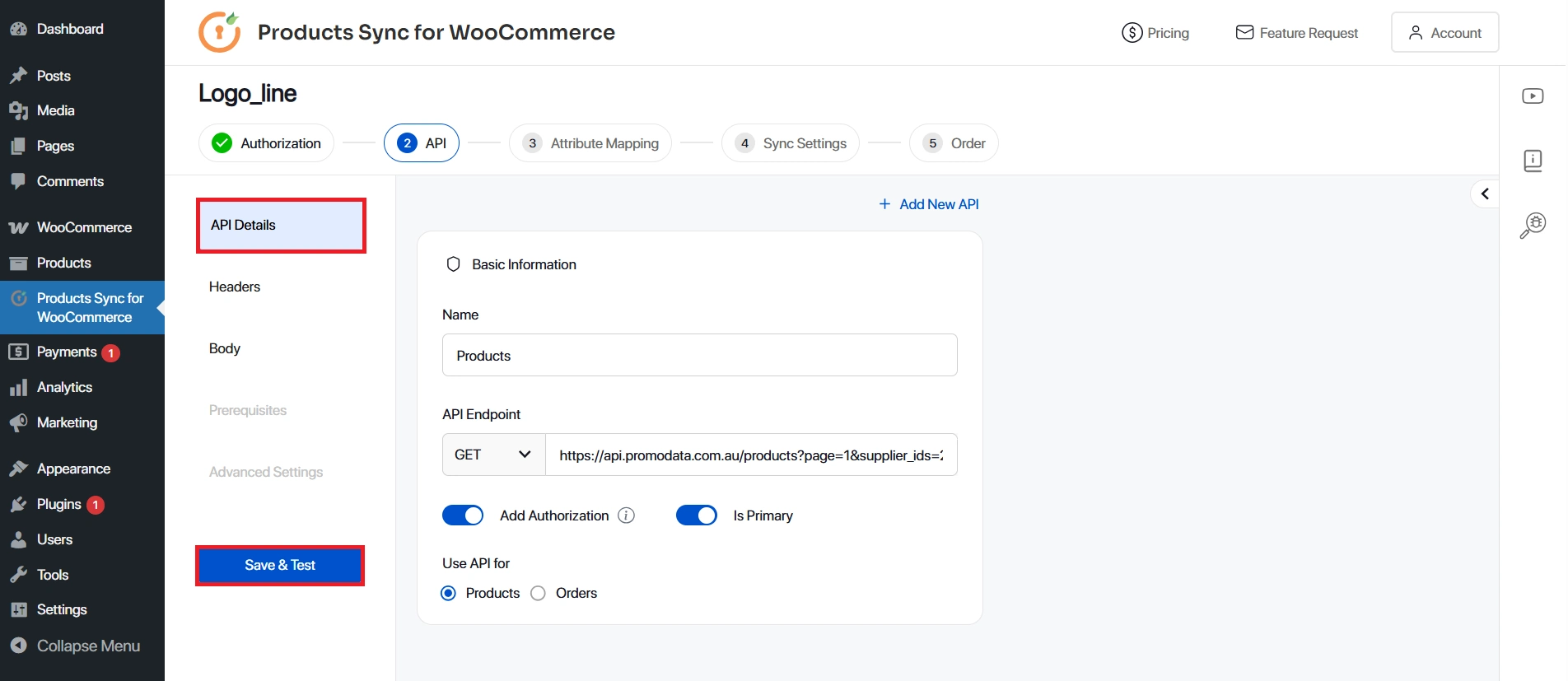 API tab - enter Product API details and endpoint