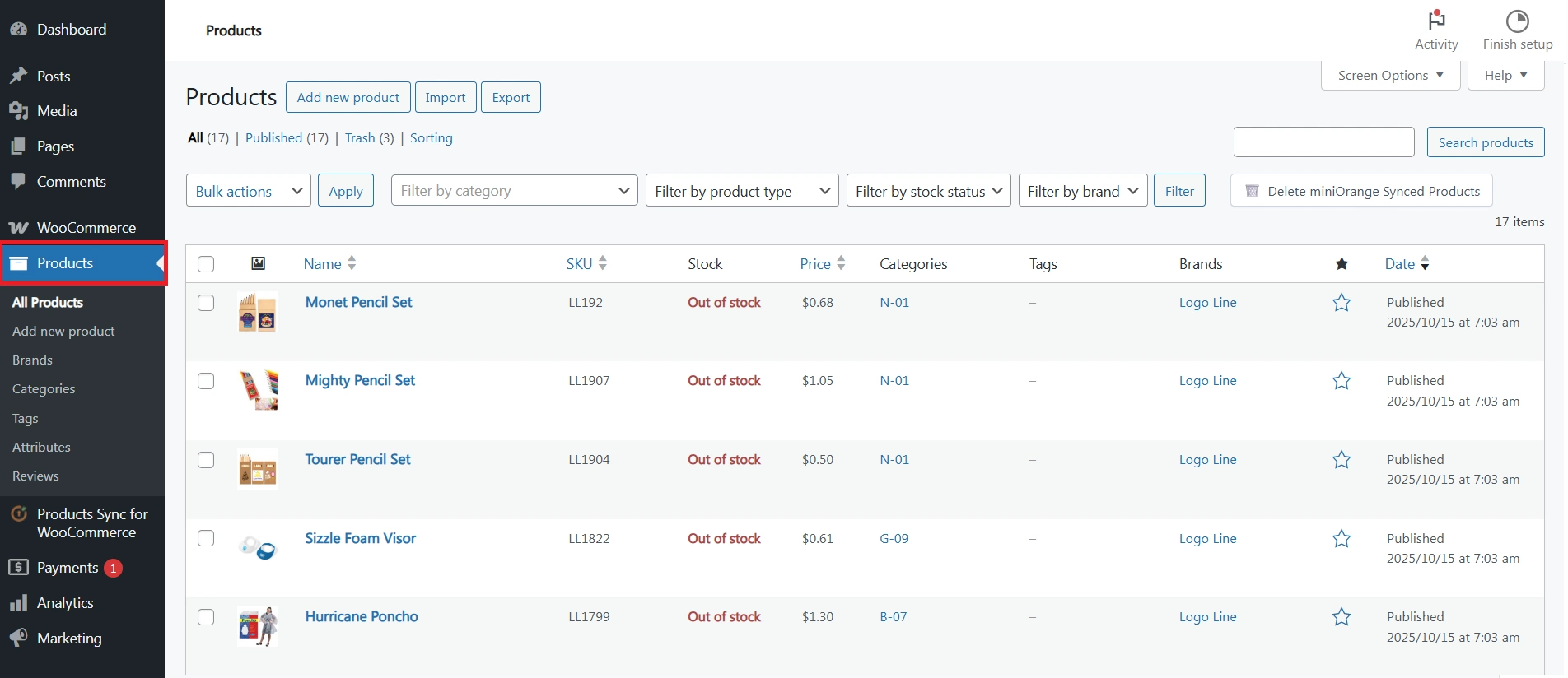 Products tab showing synced products