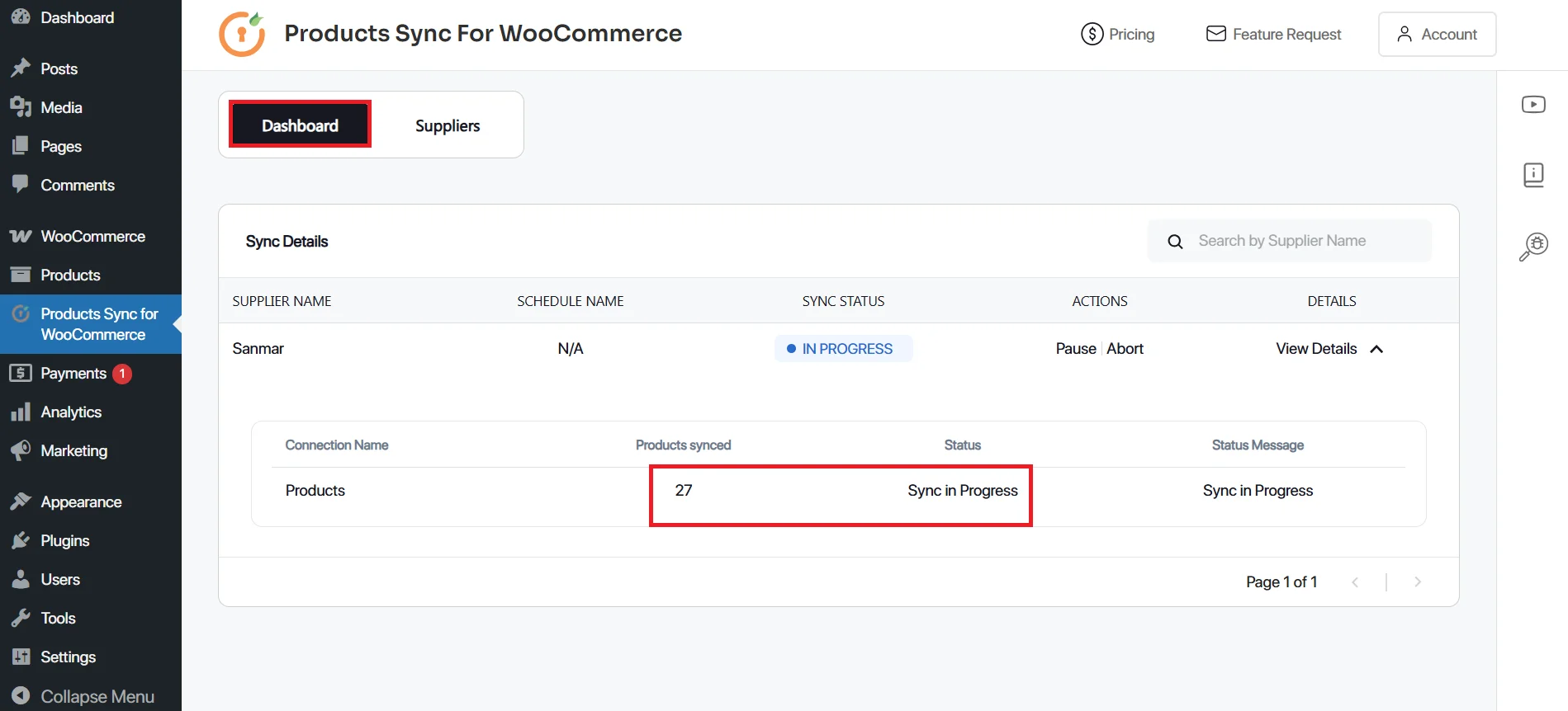 Sync Analytics tab showing SanMar connection details and available sync options