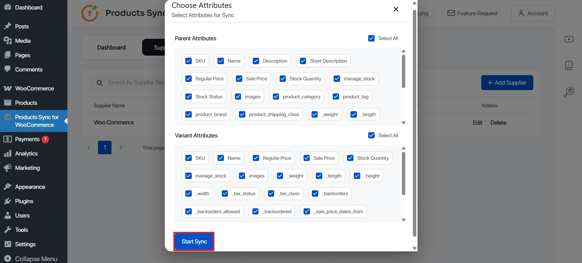 WooCommerce Product Sync - click start sync