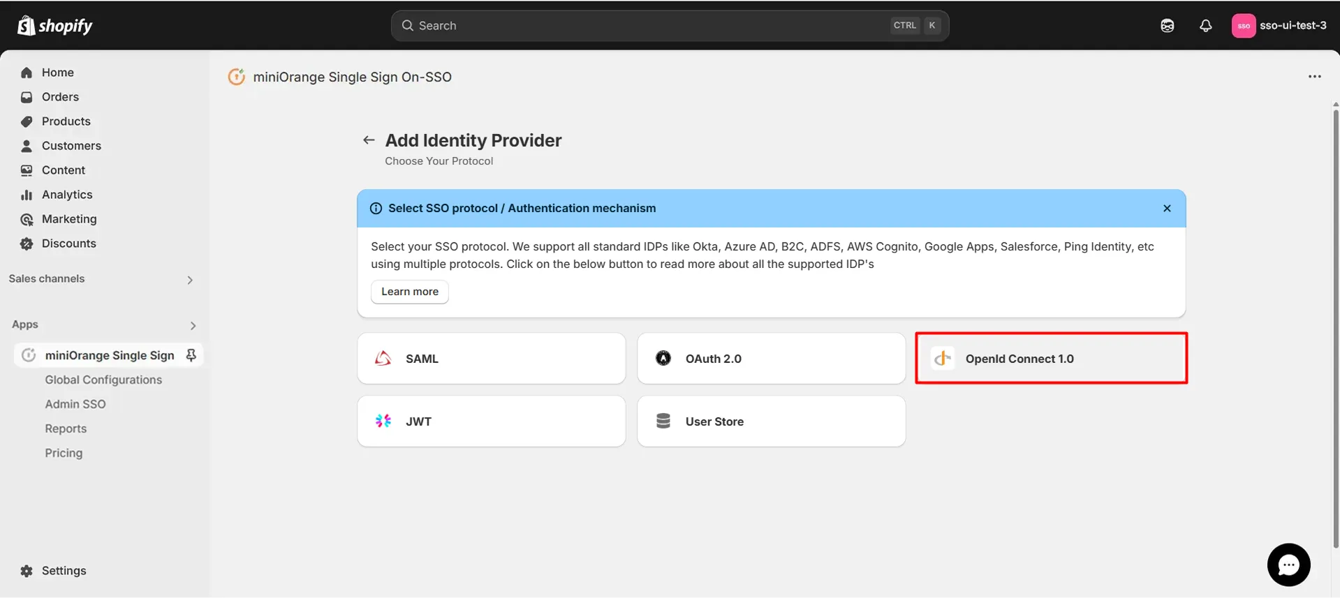 Shopify OpenID Connect SSO using Microsoft Entra ID (Azure AD) - Select OpenID Connect 1.0 Protocol