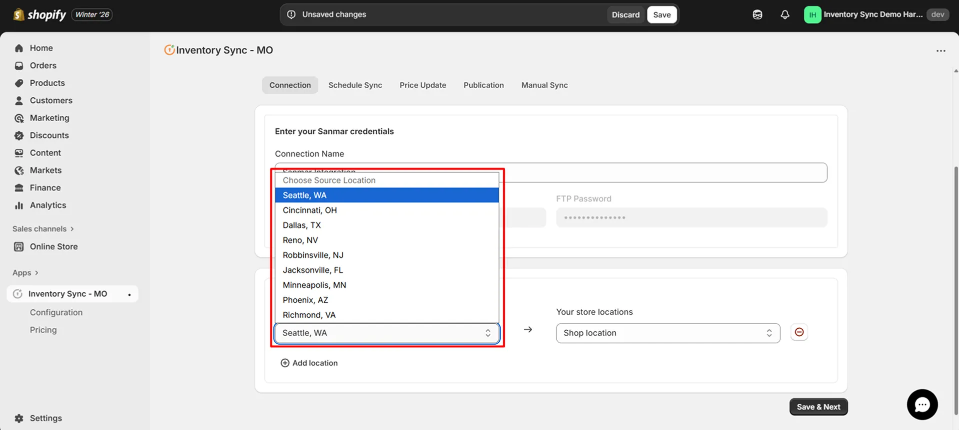 Shopify Sanmar Integration - Choose source location
